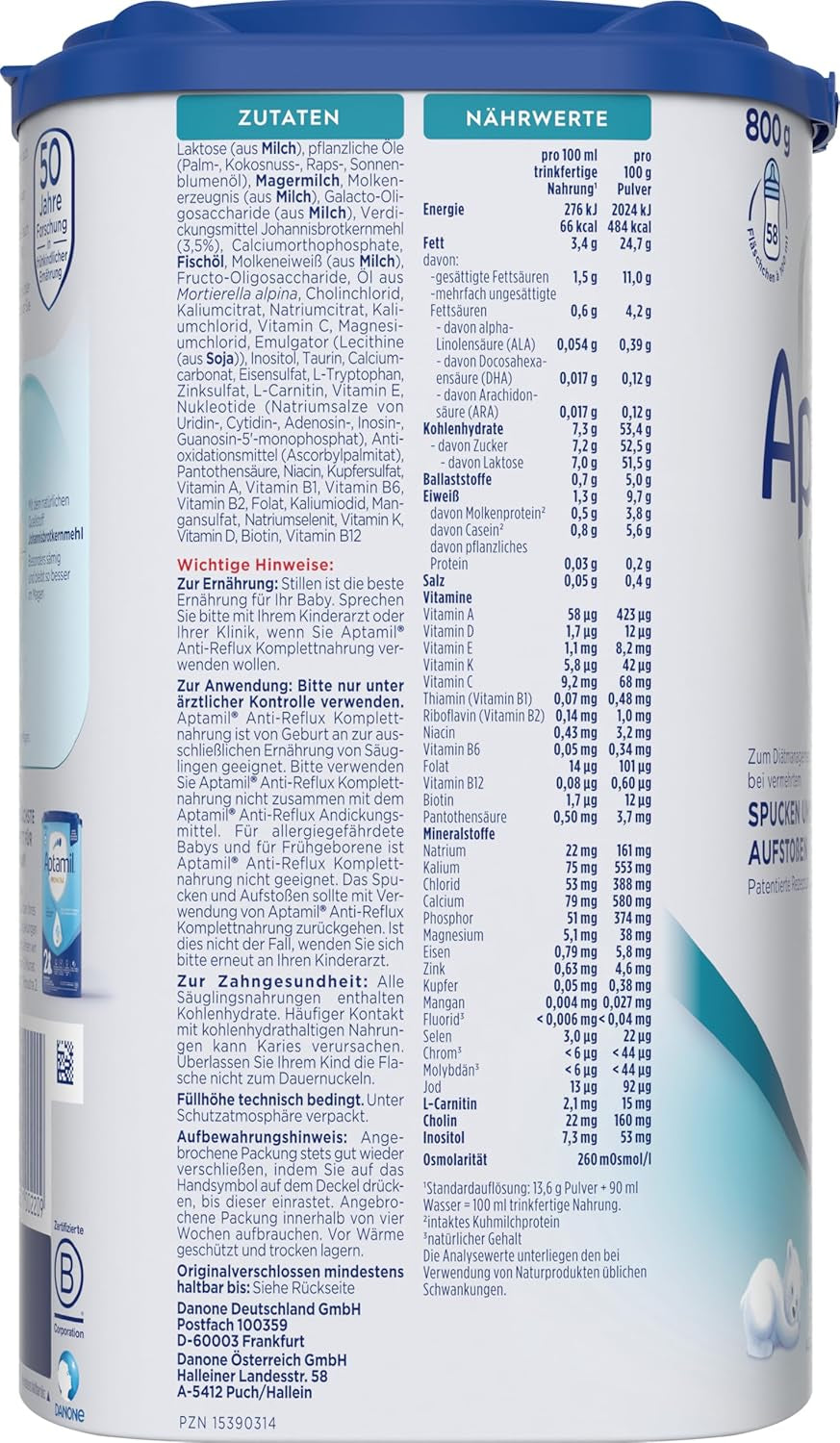 Aptamil Anti-Reflux - Volledige formule vanaf de geboorte Dieetmanagement Braken en oprispingen Babyvoeding Melkpoeder 1 x 800 g
