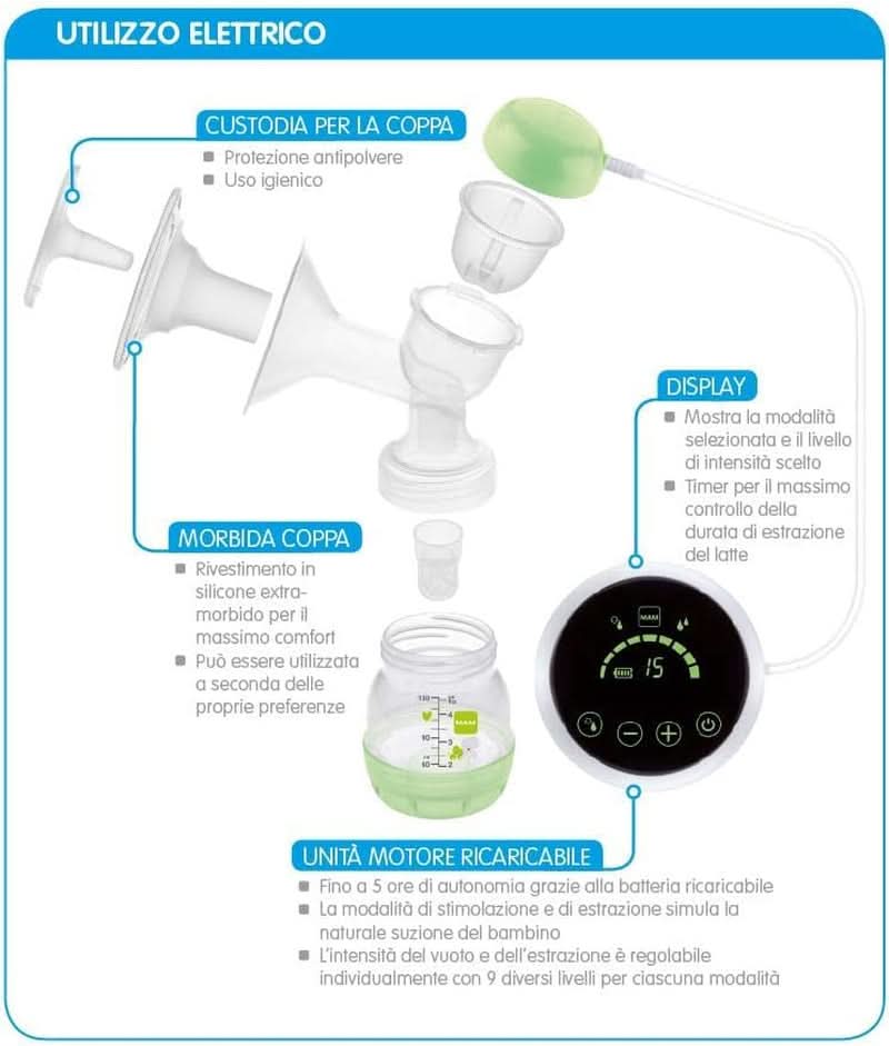 MAM Elektrische en handmatige borstkolf 2 in 1, met 9 stimulatieniveaus, bevat 2 flessen, easy start, groen Accessoires Voeding en Borstvoeding Bebe Naty Shop