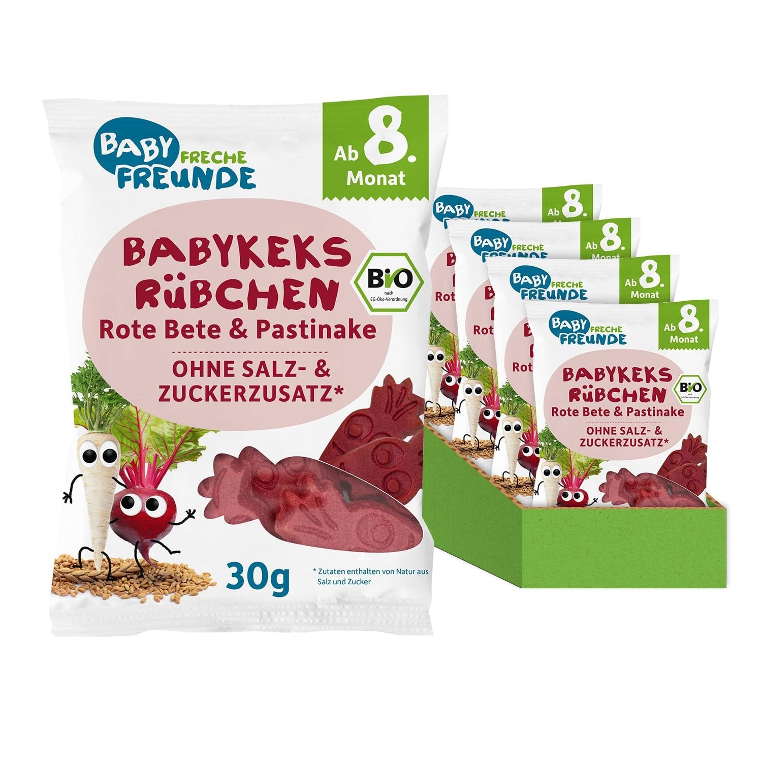 BABY FRECHE FREUNDE Biologische babykoekjes met rode biet en pastinaak, snack voor baby's vanaf 8 maanden, zonder toegevoegde suiker, veganistisch, verpakking van 8 (8 x 30 g)