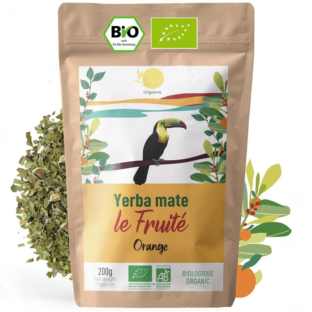 ORIGEENS BIO YERBA MATE met sinaasappelen 200 G - Fruitige thee I Biologische ongebrande Yerba Mate thee, zonder stengels en stof I Energieke en ontgiftende drank