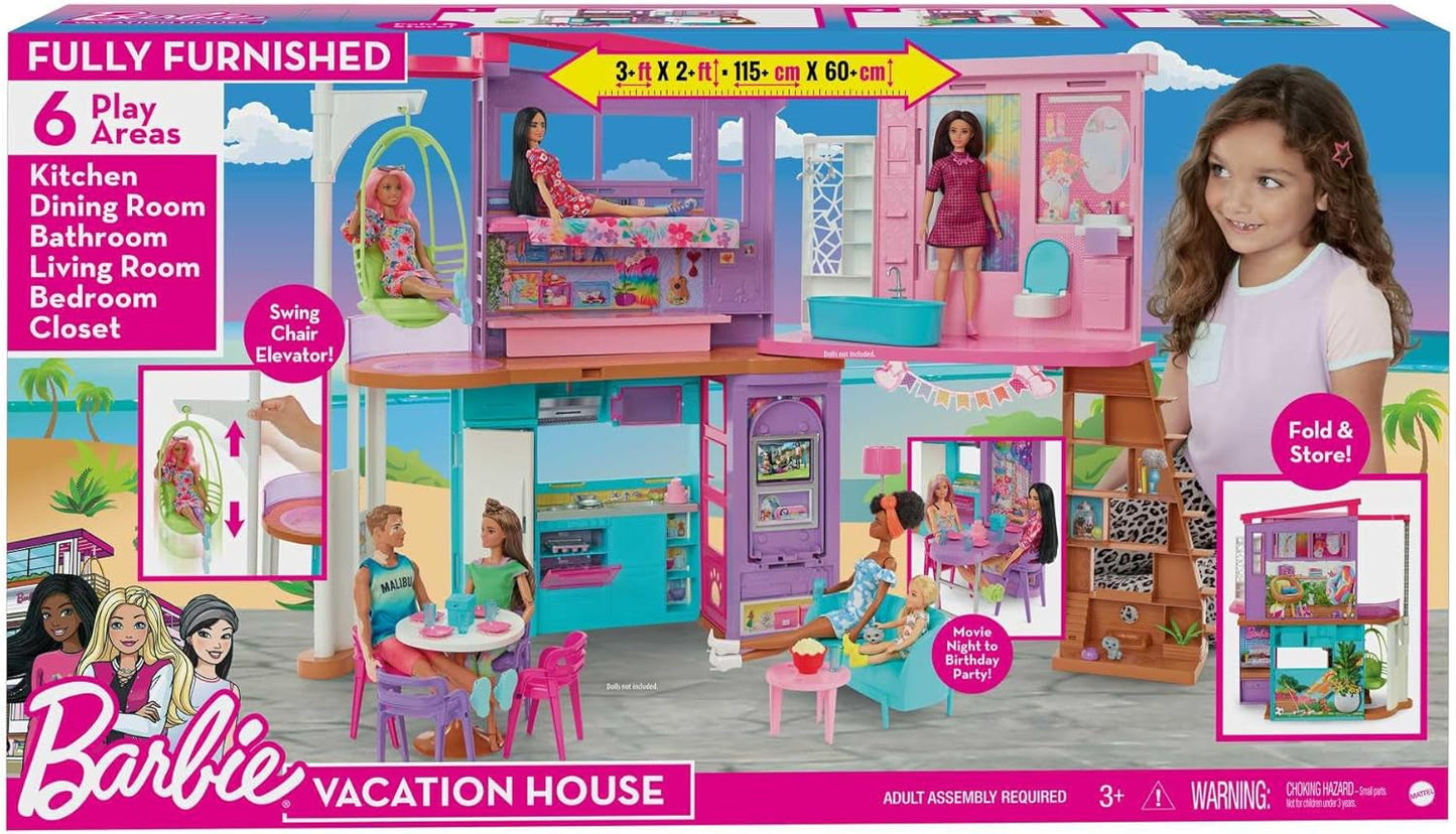 Barbie Vakantiehuis (116 x 77,9 cm), 6-zits speelhuis, volledig ingericht met accessoires, meubels en lift, opvouwbaar en opbergruimte, pop, cadeau voor kinderen vanaf 3 jaar, HCD50