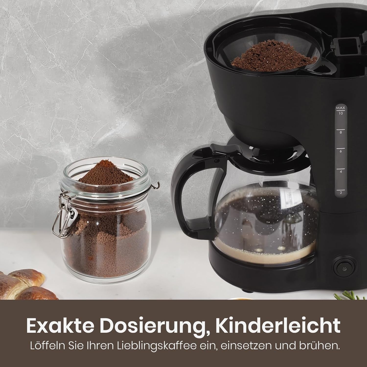 Filterkoffiezetapparaat van 1,25 liter voor 10 kopjes filterkoffie, vaatwasmachinebestendige glazen karaf, thermoskan, antidruppelsysteem, automatische uitschakeling, 600 W, waterloze kookbeveiliging voor thuis en op kantoor