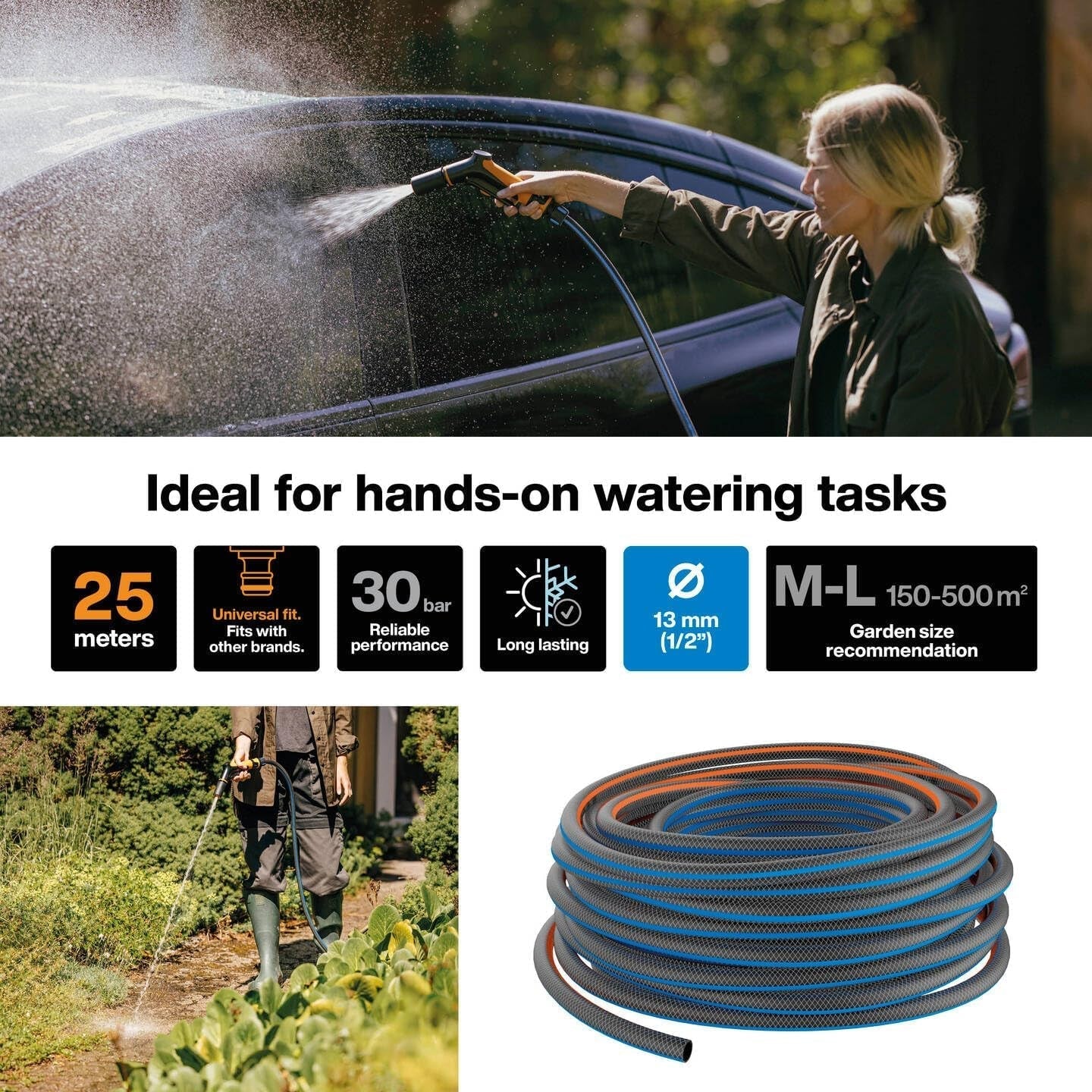 Fiskars ML tuinslang X-serie handwaterslang 13 mm (1/2"), lengte: 25 m, universele aansluiting, UV-bescherming, vorstbescherming, draaibestendig, blauw, 1076045