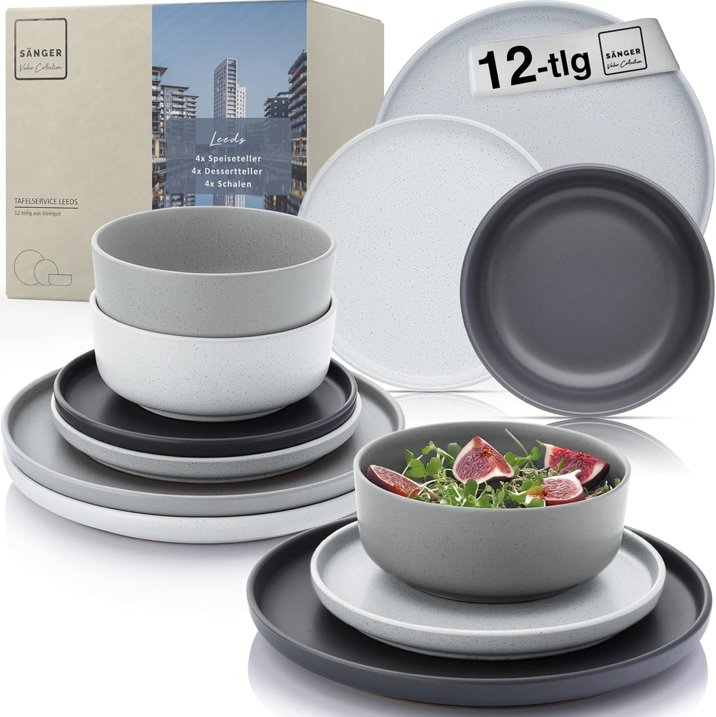 SÄNGER Leeds | 12-delige aardewerken serviesset 4-persoons dinerbordenset (4 dinerborden, 4 dessertborden, 4 kommen), kleurrijk krasbestendig serviesgoed | DE WAARDE-COLLECTIE