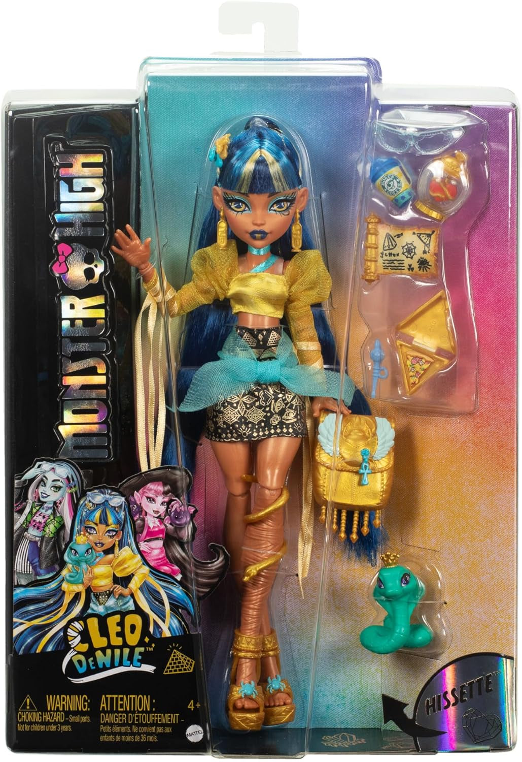 Monster High Cleo De Nile-pop in gouden blouse en gelaagde rok, inclusief Cobra Hissette-huisdier en accessoires zoals rugzak, snack en papierrol, HXH74 Naty Shop-poppen