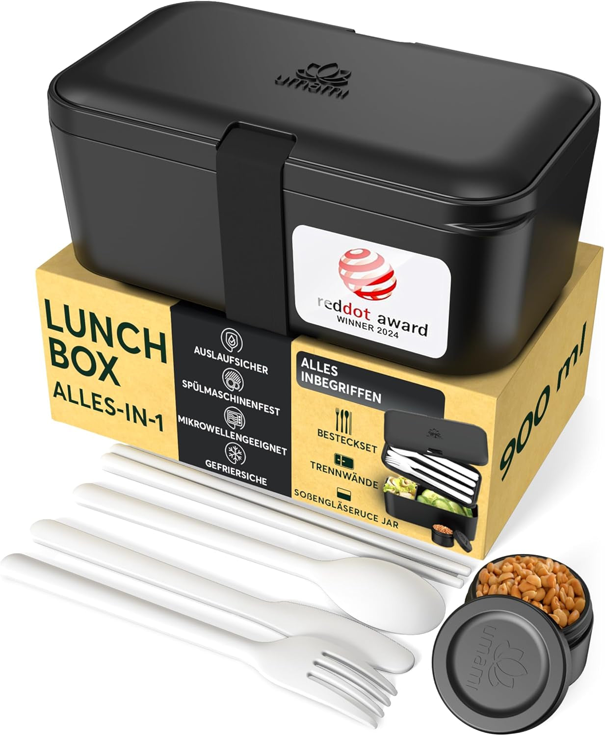 Umami lunchbox voor volwassenen, stapelbare bentobox met 4 bestek en vakken, lunchbox voor volwassenen, saladecontainer voor onderweg, picknick-/kantoorlunchbox, antracietgrijs, 1500 ml Naty Shop Onyx zwarte voedselbewaardozen - 900 ml M - 900/1000 ml