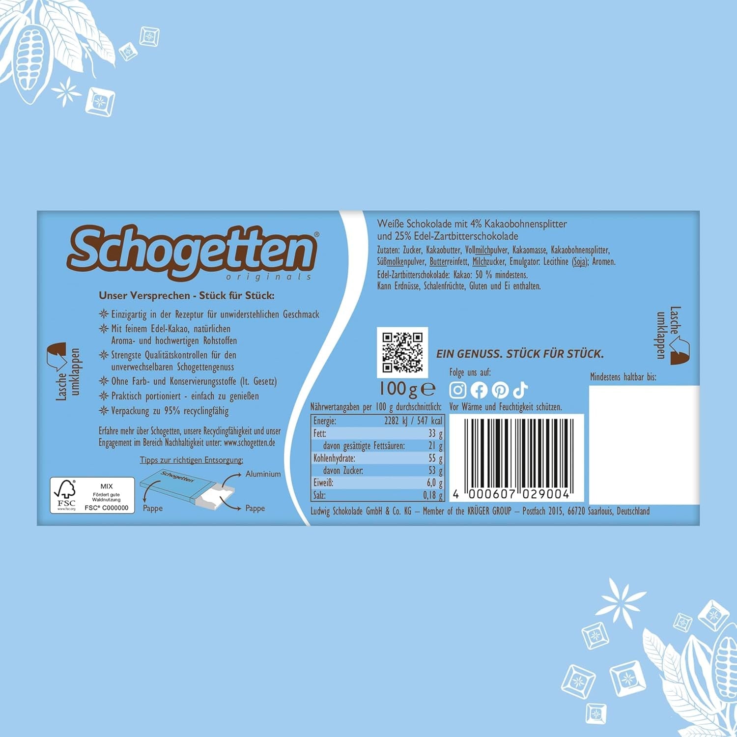 Schgetten Stracciatella chocoladereep 100g, individueel geportioneerd. Een genot. Stuk voor stuk.
