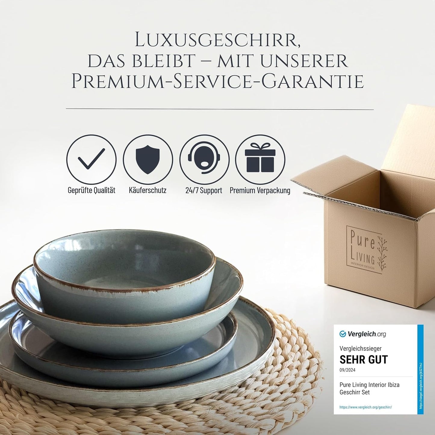 Steingut Geschirrset 6 Personen Rustiek 24 tlg. TESTSIEGER, Hochwertiges Landhaussttil Steingut Geschirr Set, Schüssel- und Teller Set, Tafelservice 6 Personen, Geschirrsets Puur Wonen in Rauchblau