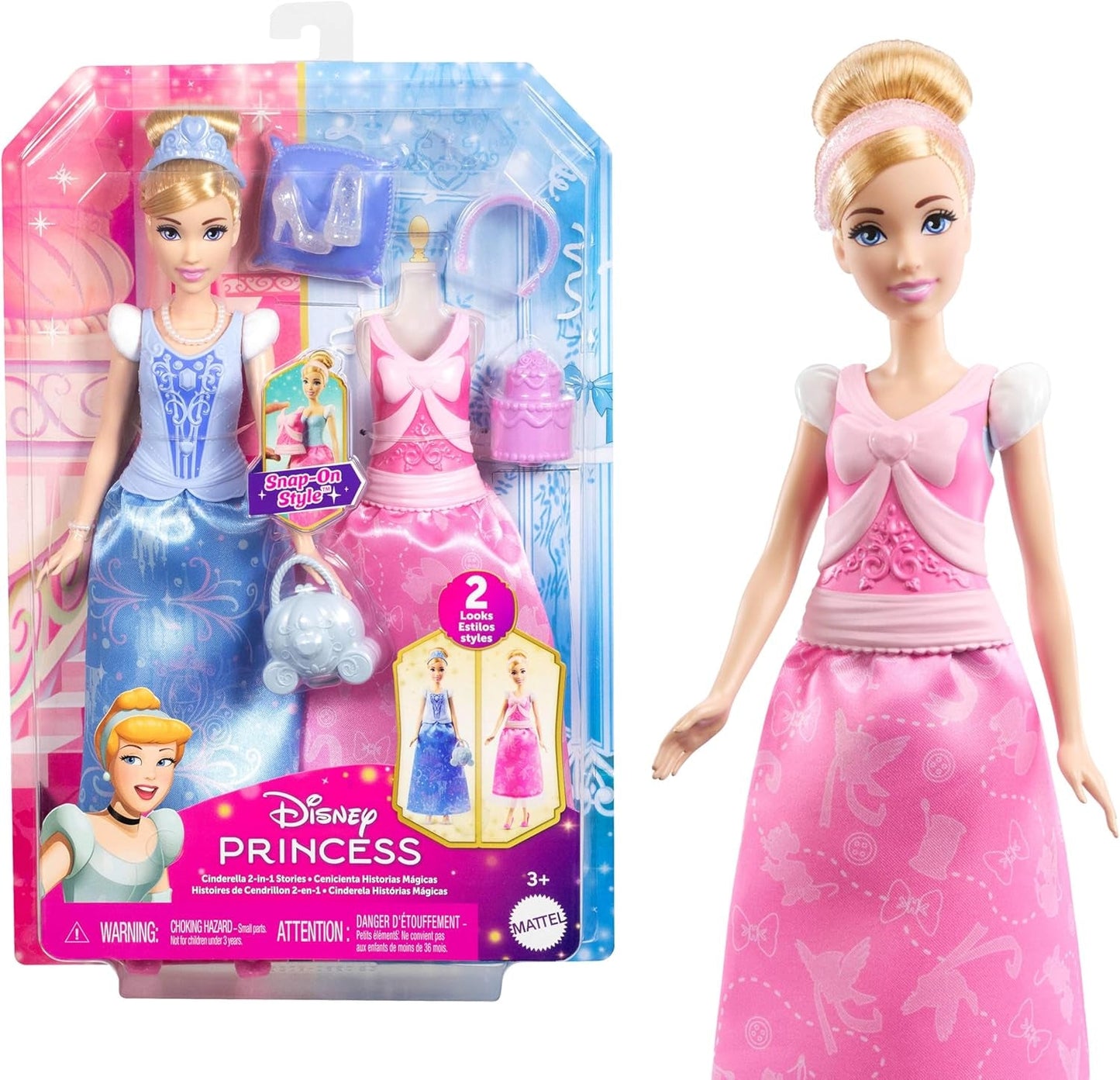 Mattel Disney Princess Toys Assepoester modepop met 2 outfits, 9 accessoires, 2 topjes met clips en 2 rokken. 2-in-1-verhalen geïnspireerd op de Disney-film JCR95