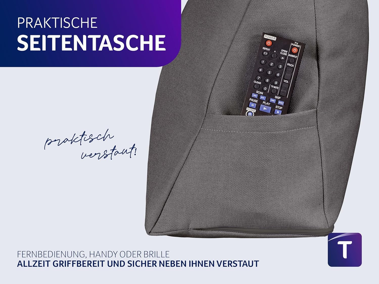 Leeskussen Traumnacht Cosy Rugkussen, 70 x 40 cm donkergrijs, afneembare en wasbare hoes van 100% polyester, praktisch zijvak, Oeko-Tex gecertificeerd, geproduceerd volgens Duitse kwaliteitsnormen