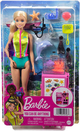 Barbie You Can Be Anything-serie, mariene bioloog, 1x pop met blond haar, zwempak, dolfijn, accessoires, kindercadeau, speelgoed vanaf 3 jaar, HMH26