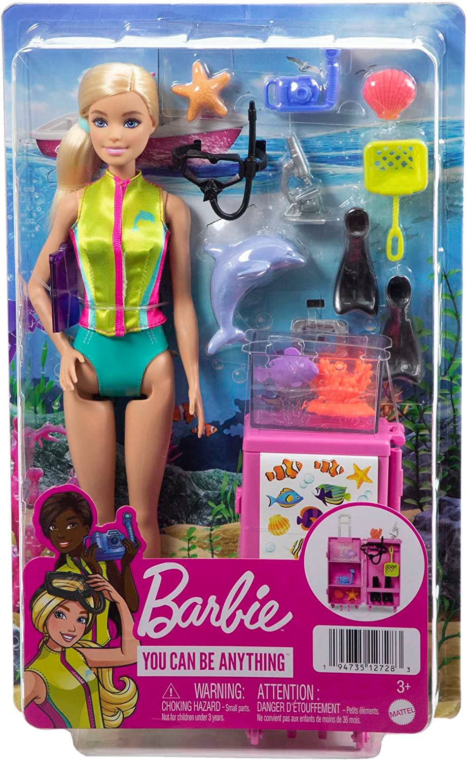 Barbie You Can Be Anything-serie, mariene bioloog, 1x pop met blond haar, zwempak, dolfijn, accessoires, kindercadeau, speelgoed vanaf 3 jaar, HMH26