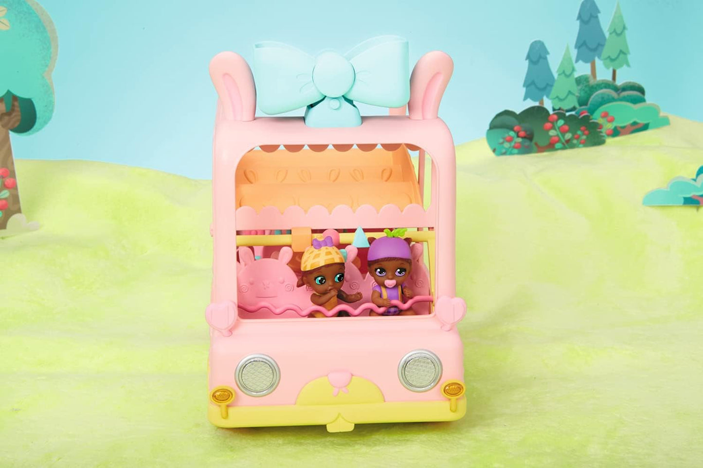 BABY born 904763 Baby Surprise Bus - roze minipoppenspeelgoedbus met 2 exclusieve poppen, drievoudige kinderwagen, schommel, carrousel, glijbaan en drievoudige schommel.
