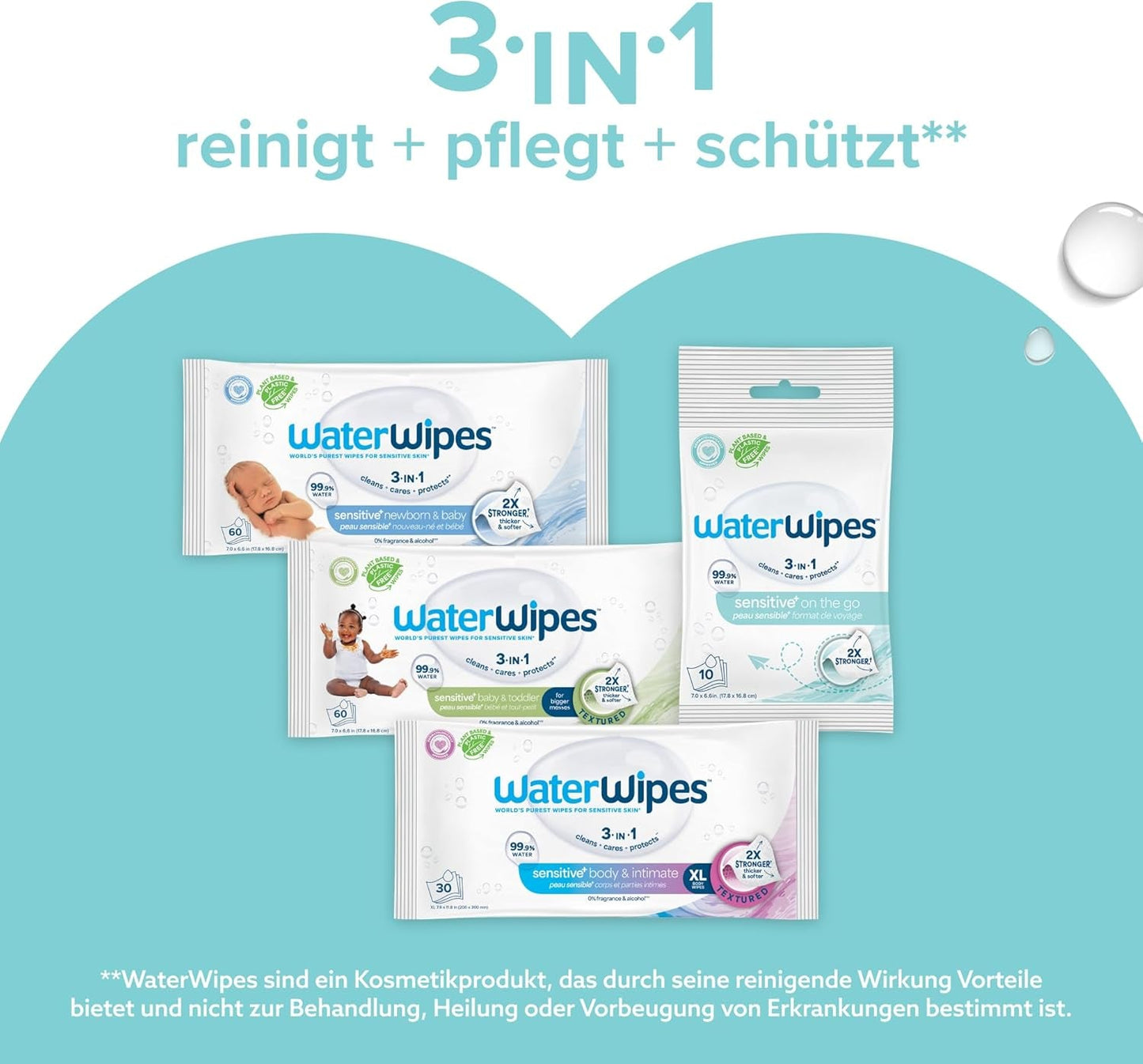 WaterWipes Sensitive+ Vochtige doekjes voor onderweg, 100 doekjes (10 stuks), 3 in 1 Reinigt, verzorgt, beschermt, 99,9% water, geurvrije doekjes