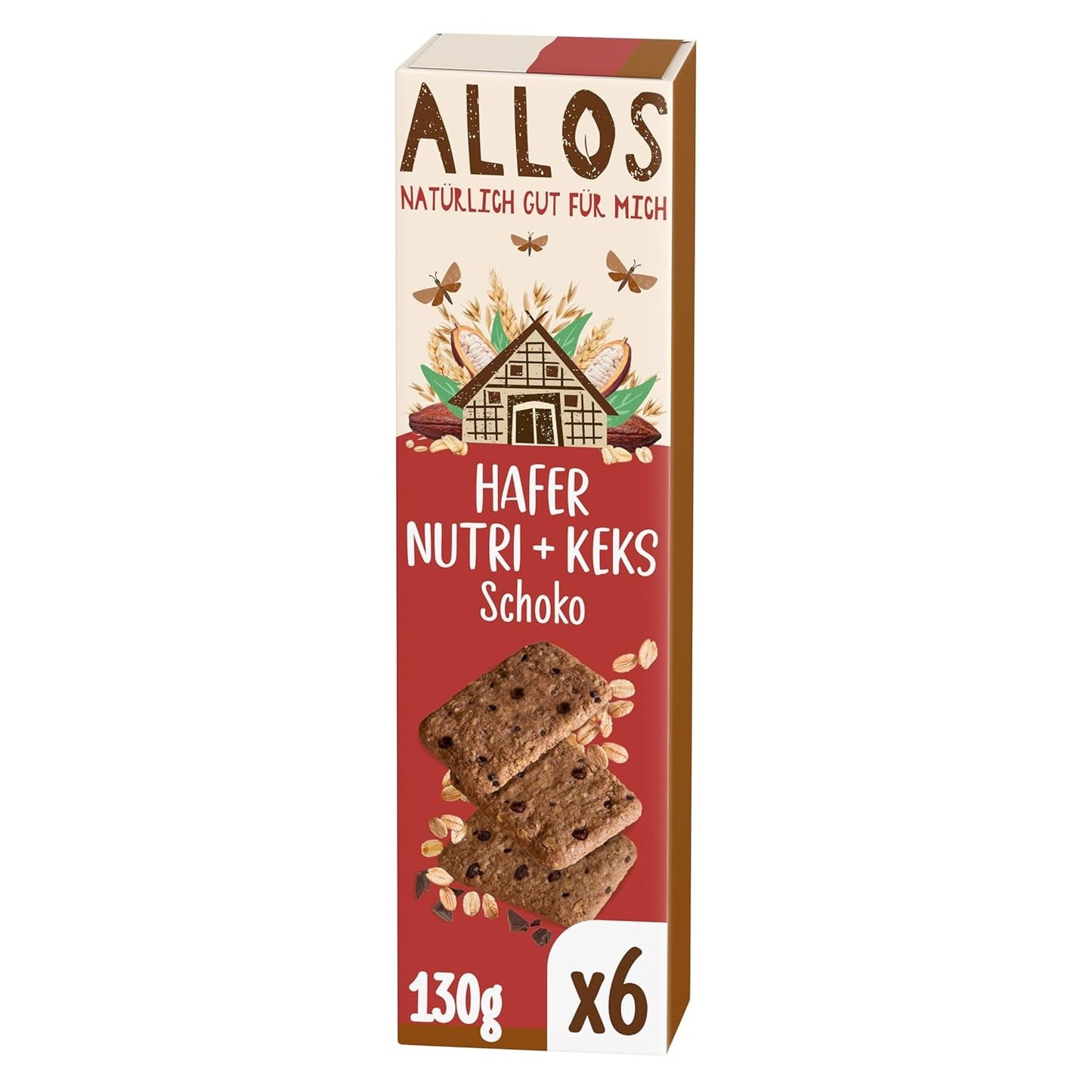 Koekjes met haver en biologische chocolade Allos | Krokant volkoren chocoladekoekje | Zoeten met honing 6 x 130 g