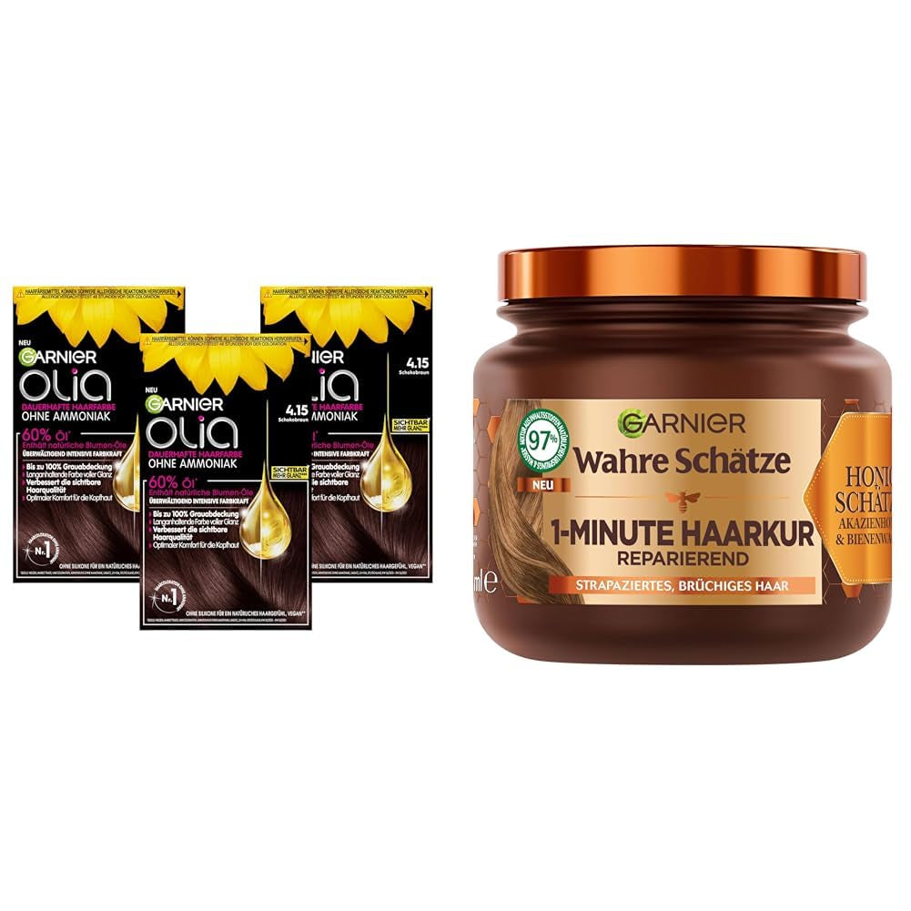 Garnier Olia Hair Colour 6.0 Lichtbruin + True Treasures Repair Treatment (340ml) voor beschadigd haar - ammoniakvrije kleuring, natuurlijke oliën, grijze haardekking, honing en bijenwas, minder haarbreuk Naty Shop Hair Colour 3X Hair Colour + Repair Treatment