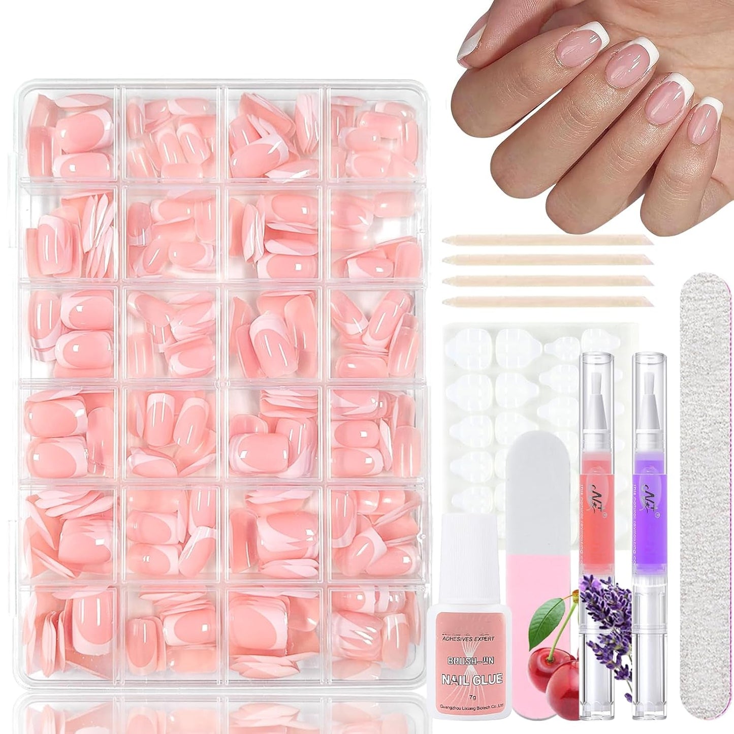 360 stks gradiënt ballerina kunstnagels set, roze witte gradiënt lijm-op kunstnagels met 2 stks nagelolie pennen, ombre medium nepnagels voor vrouwen DIY