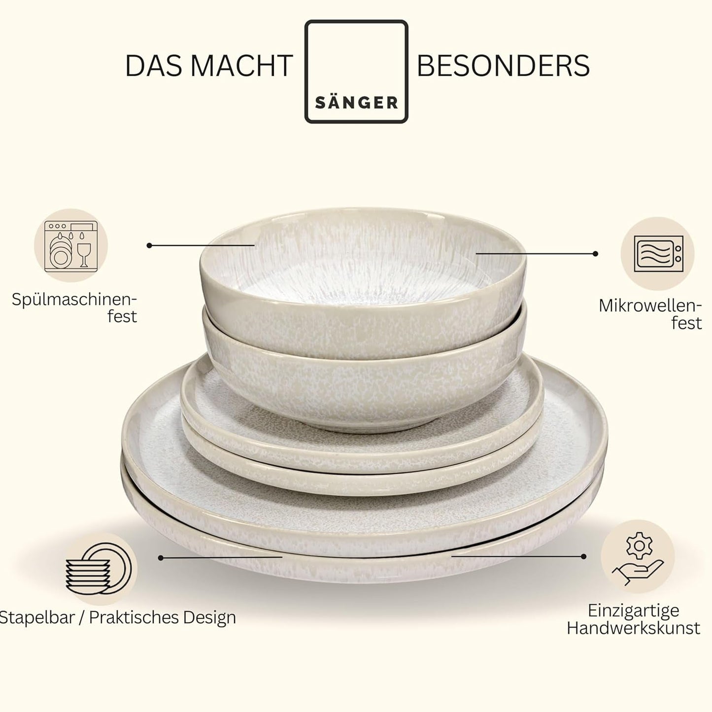 ZANGER | 24-delige Corfu Serviesset Servies voor 8 personen Handgemaakte keramische serviesset inclusief dinerborden, dessertborden en Suma-borden Crèmekleurig servies met zandtextuur