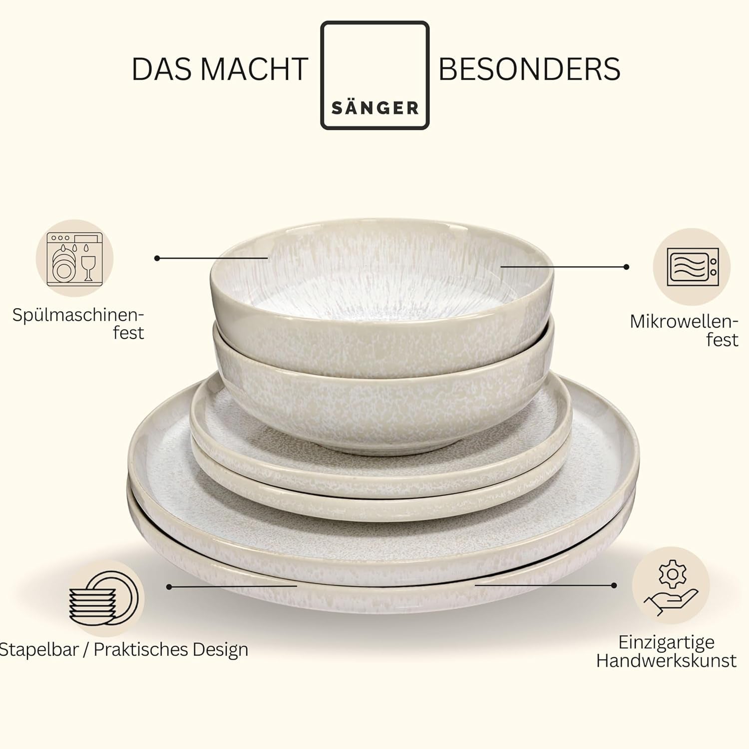 ZANGER | 24-delige Corfu Serviesset Servies voor 8 personen Handgemaakte keramische serviesset inclusief dinerborden, dessertborden en Suma-borden Crèmekleurig servies met zandtextuur