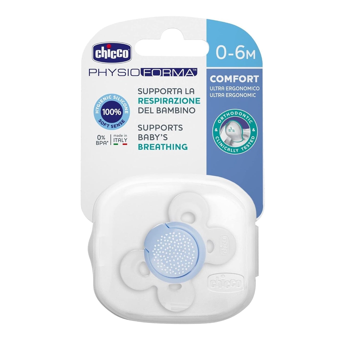 Chicco PhysioForma Comfort-fopspeen 16-36 maanden, babyfopspeen met siliconen speen, 1 stuk, ondersteunt fysiologische ademhaling en correcte orale ontwikkeling, blauw