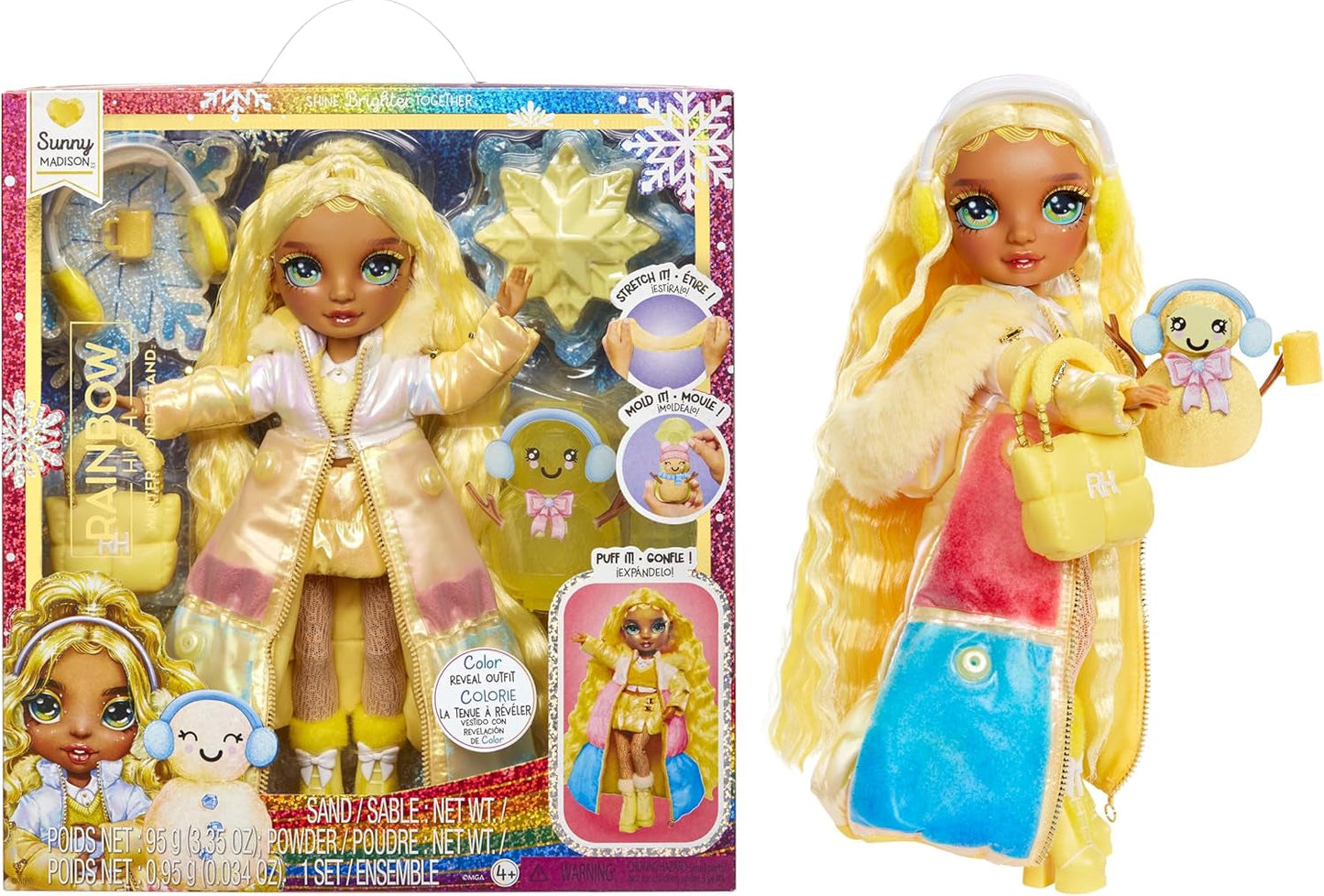 Rainbow High Winter Wonderland - Skyler (blauw) - 28 cm verborgen magische wateraccumulerende sneeuwmodepop met sneeuwpopset, geschikt voor 4-12 jaar oude kinderen en verzamelaars Naty Shop Sunny Dolls (geel)