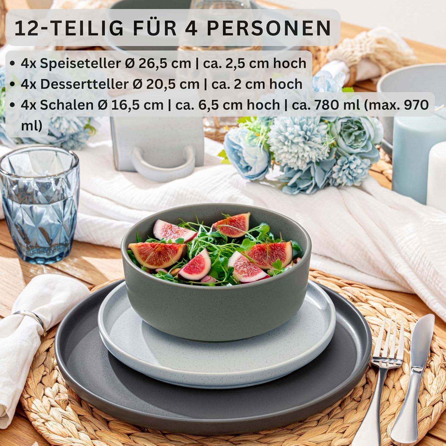 SÄNGER Leeds | 12-delige aardewerken serviesset 4-persoons dinerbordenset (4 dinerborden, 4 dessertborden, 4 kommen), kleurrijk krasbestendig serviesgoed | DE WAARDE-COLLECTIE