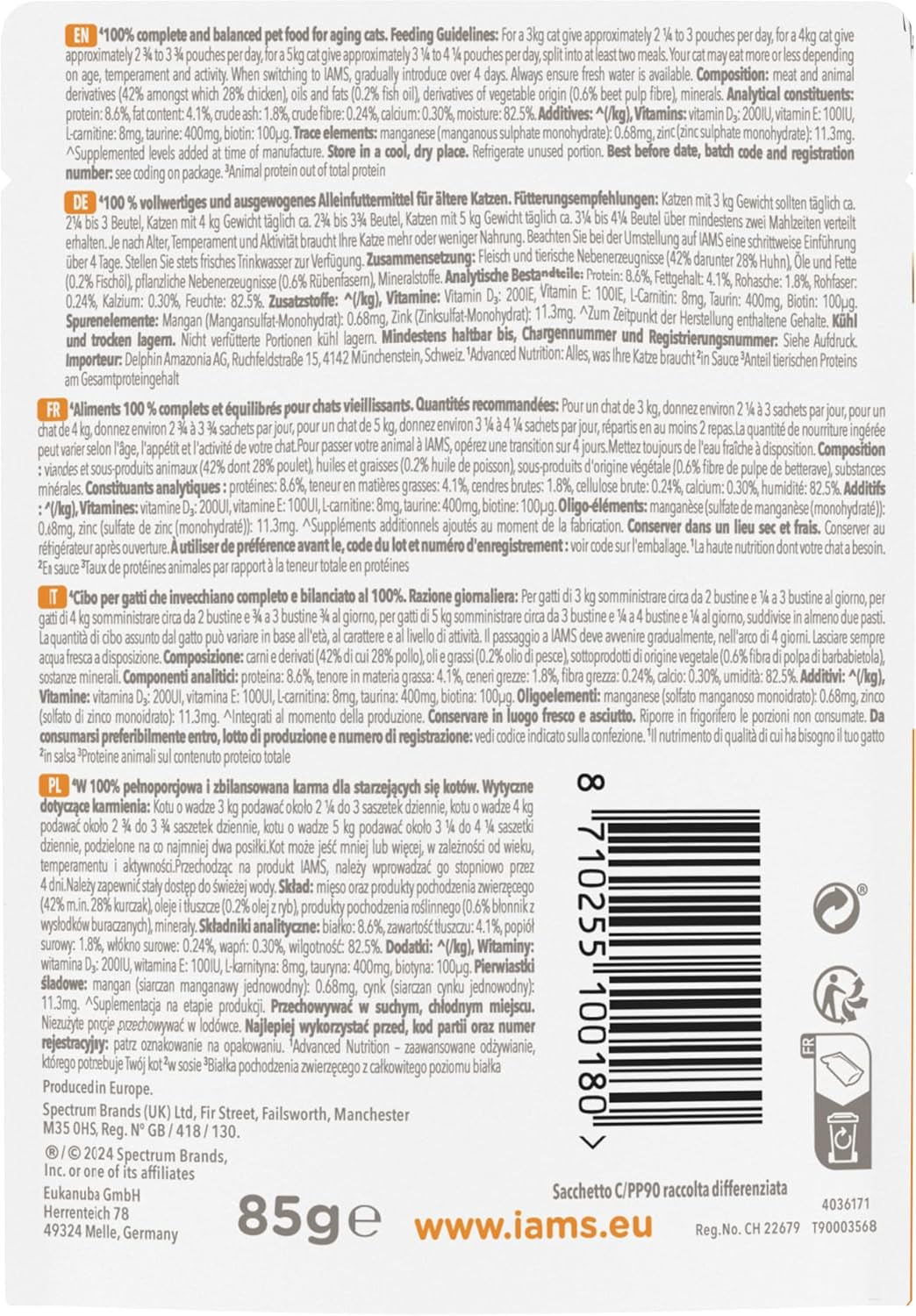 IAMS Delights Nat kattenvoer met kip in saus voor oudere katten vanaf 7 jaar - proefgrootte, individueel zakje, 1 x 85 g