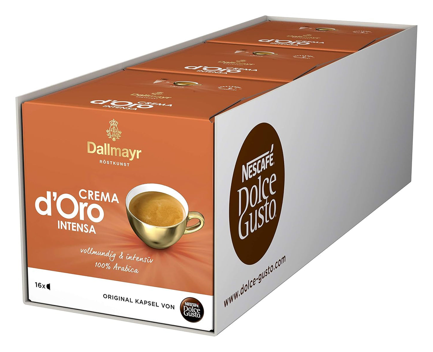 Dallmayr Crema d'Oro, XXL-Vorratsbox & Dallmayr Crema d'Oro intensa (48 Kaffeekapseln, Intensität 9 van 12, 100% Arabica-Bohnen), 3er Pack (3x16 Kapseln)