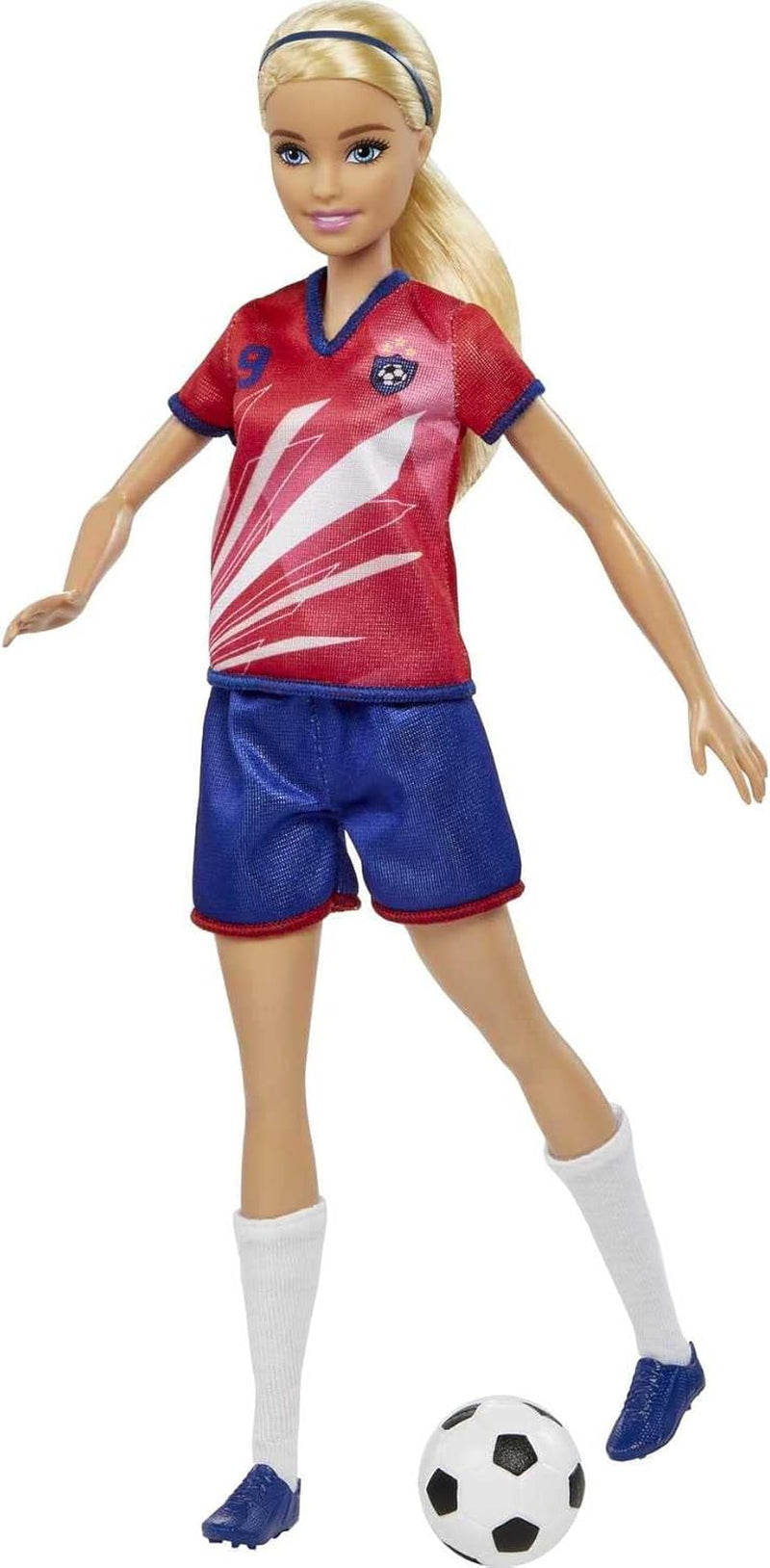 Barbie You Can Be Anything-serie, voetbalspeler, voetbalspeler met blond haar, rode en blauwe trui, bal, accessoires, pop inbegrepen, cadeau voor 3 jaar en ouder, HCN17