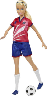 Barbie You Can Be Anything-serie, voetbalspeler, voetbalspeler met blond haar, rode en blauwe trui, bal, accessoires, pop inbegrepen, cadeau voor 3 jaar en ouder, HCN17