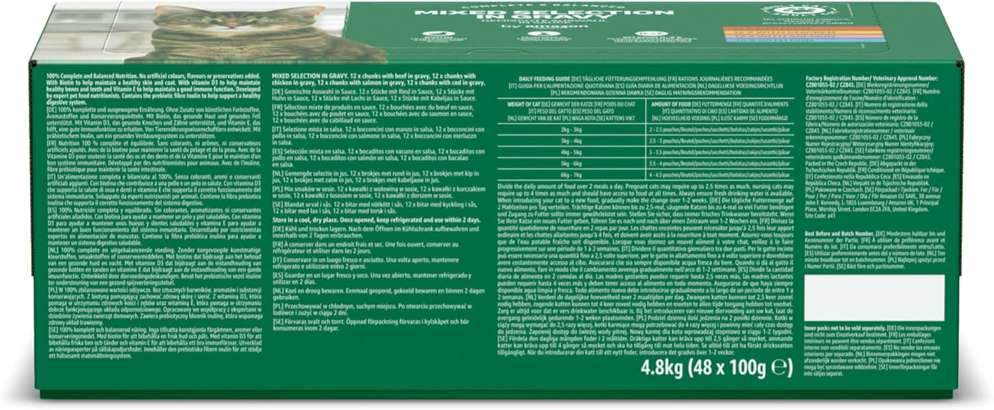 Amazon Natvoer voor volwassen katten, gemengde selectie in saus 4,8 kg (48 verpakkingen x 100 g)