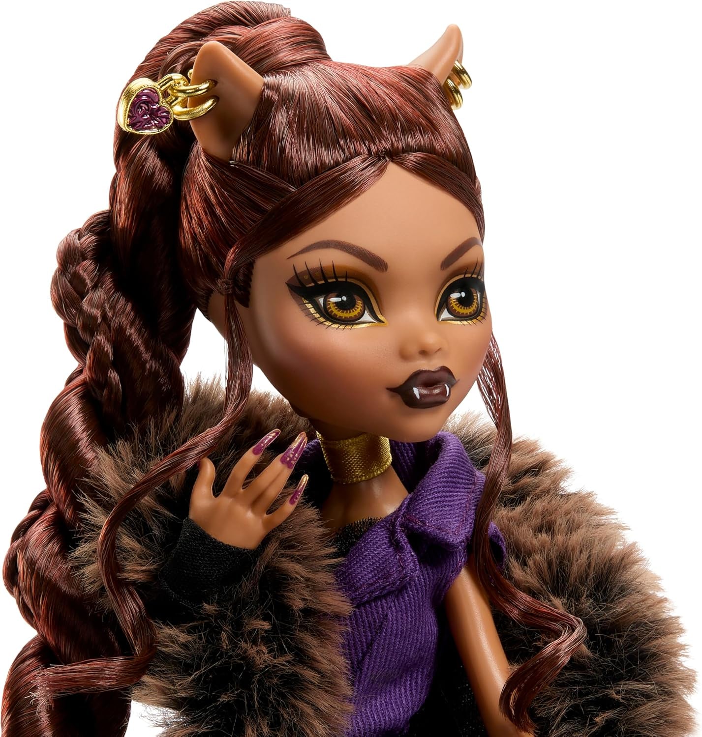 Monster High Doll House of Wolves Clawdeen Wolf verzamelfiguur met jacquard imitatiebontjas Paars jasje Jurk Gouden broek en accessoires JDR66