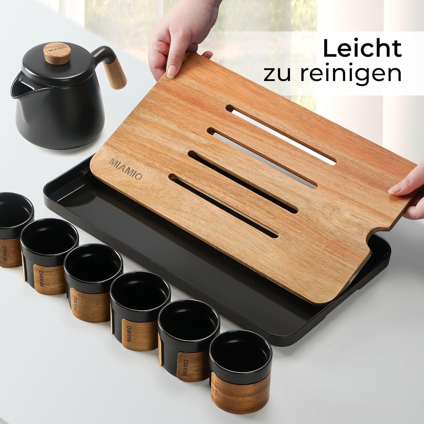 MIAMIO - Japans/Chinees theeservies 6 x 100 ml / Aziatische theepot 620 ml met thee-ei, traditionele Japanse theepotset voor theeliefhebbers/mannen/vrouwen (zwart)
