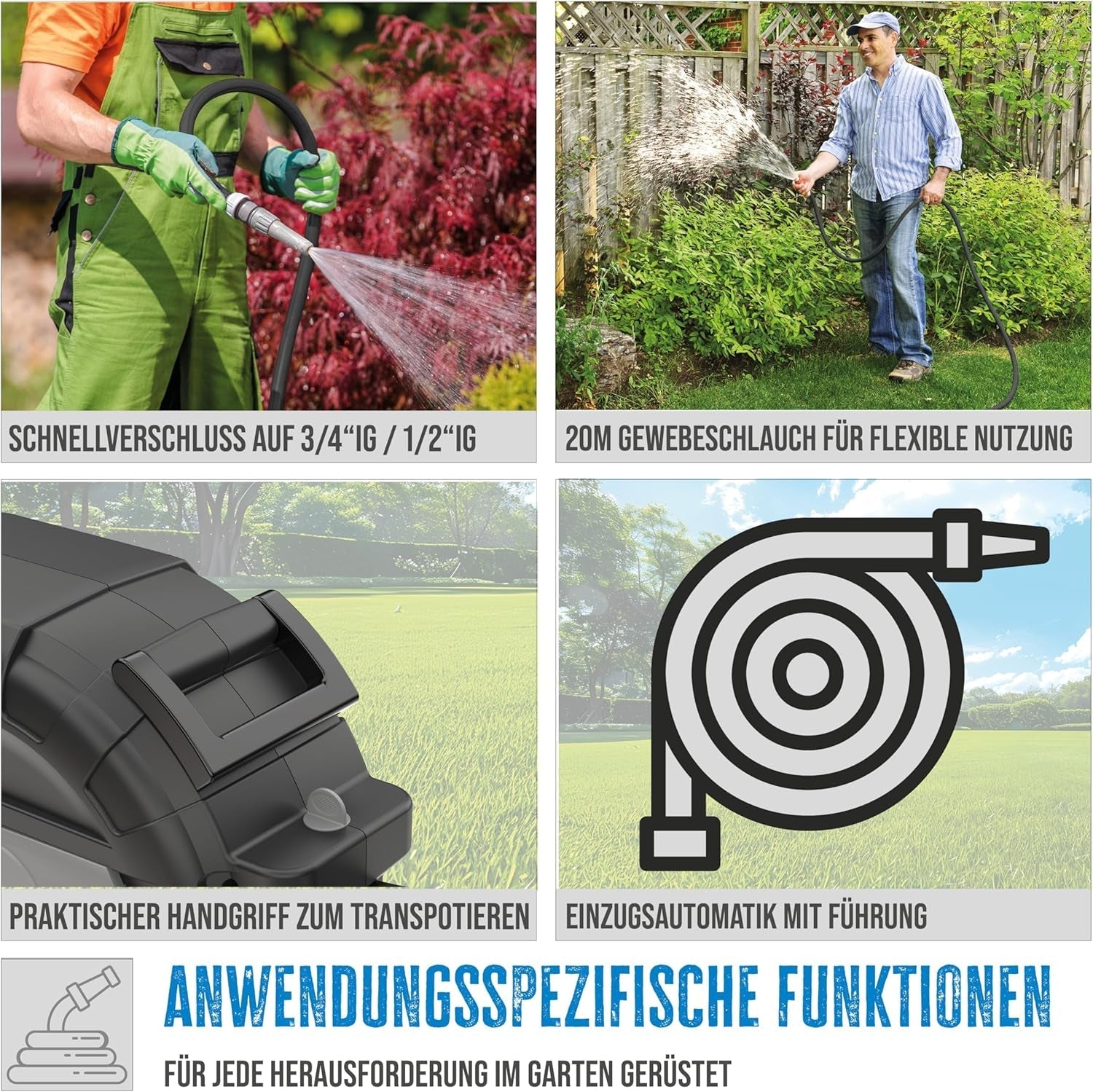Automatische slanghaspel Güde 20-2-2 1/2 (voor wandmontage, 180° rotatie, 20 m slang, watersproeier, muurbeugel, automatisch intrekken, intrekstop, transportgreep, 2 snelkoppelingen)