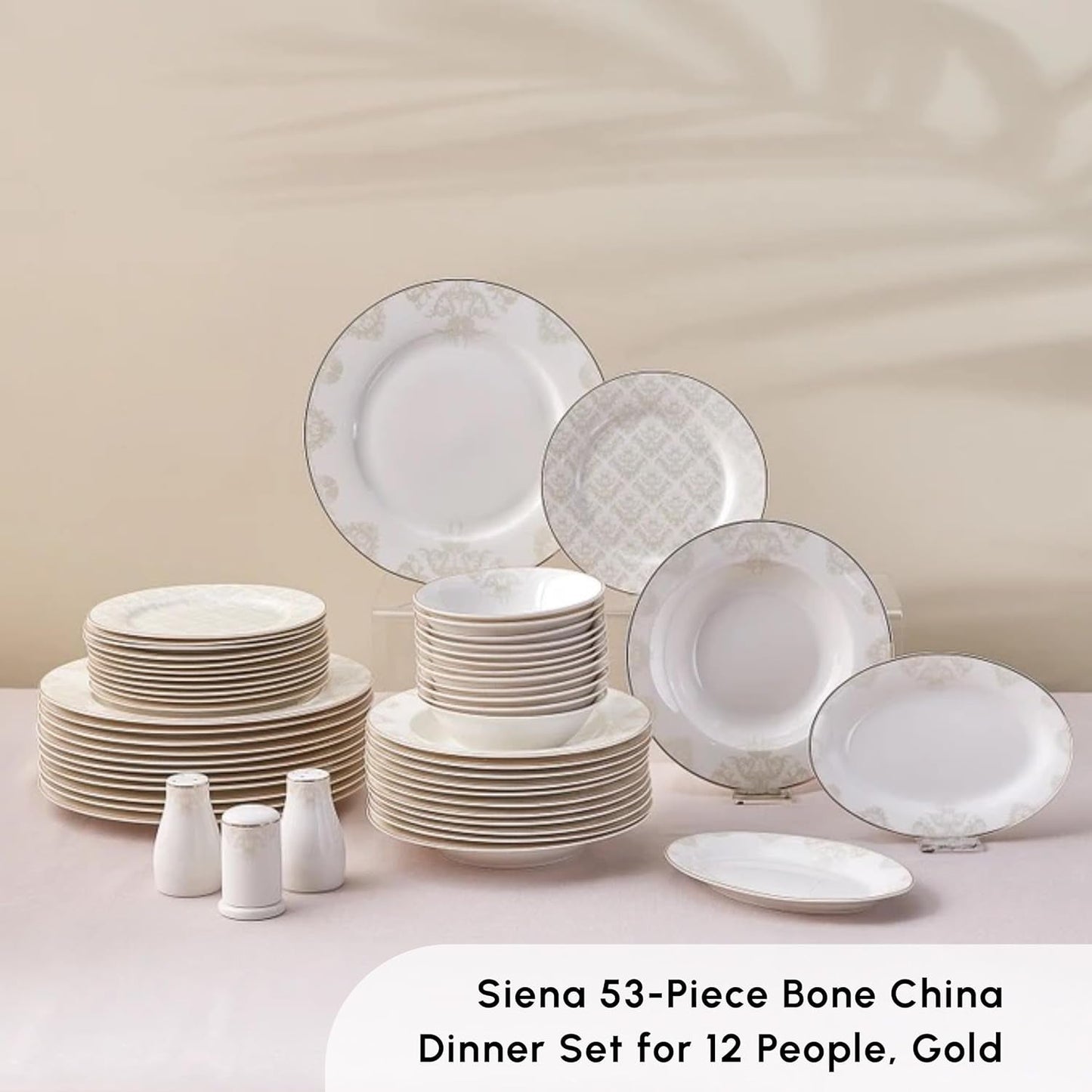 Karaca Elegance Bone Siena Serviesset voor 12 personen, moderne porseleinen serviesset, serviesset met soepkommen, serveerschaal, diepe borden, dessertborden - wit en goud