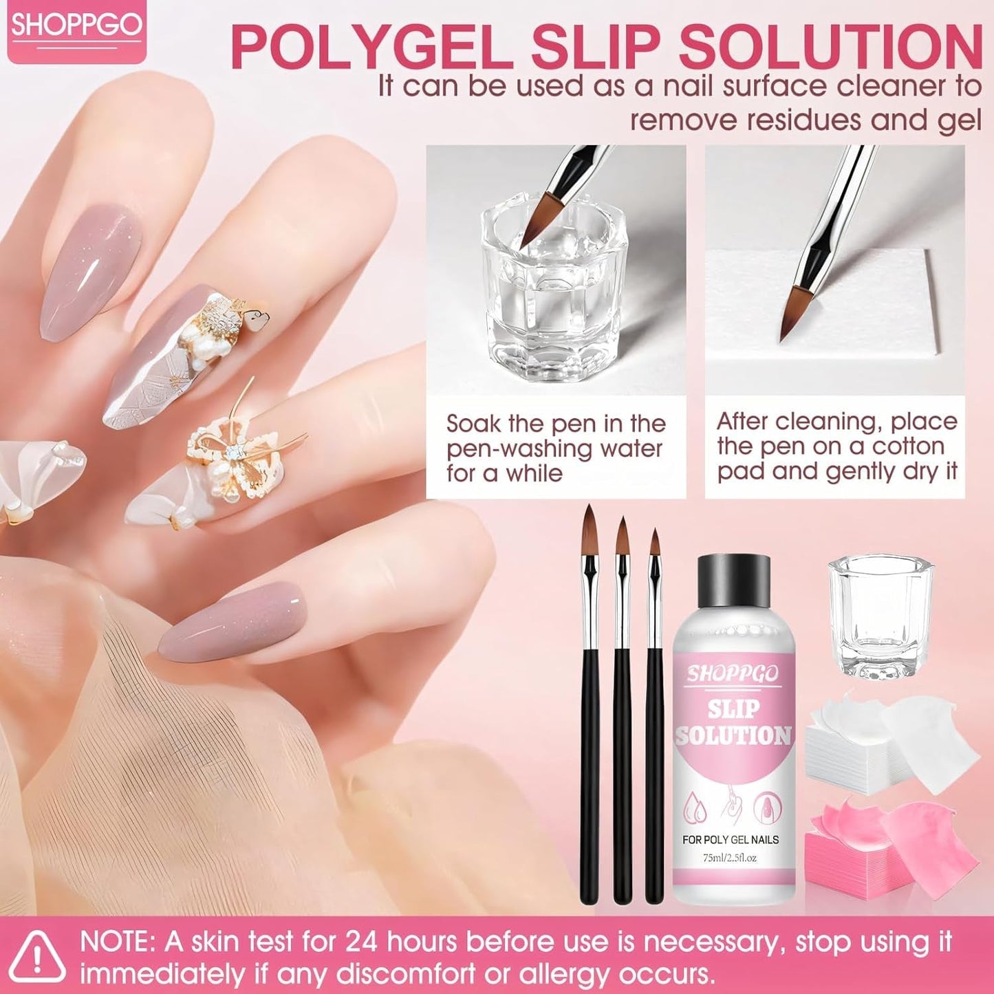Polygel Straightening Solution, Polygel Slip Solution nagelkit, Straightening Solution 75 ml, inclusief 5 nageltipclips, 3 nagelborstels, 1 kristallen beker, 100 reinigingsvellen