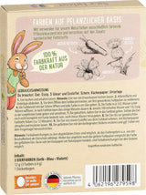 Heitmann eierverf natuurlijke kleurstofset, 3 eierverfpoeders (geel, paars, grijsblauw), stickervel van graspapier