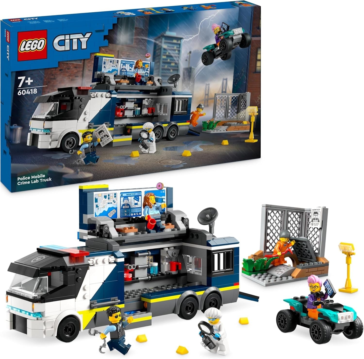 LEGO City Politietruck met laboratorium, quadpolitieset en speelgoedtruck voor kinderen, cadeau voor jongens en meisjes vanaf 7 jaar, plus 5 minifiguren - 2 politieagenten, 1 wetenschapper en 2 boeven 60418 Bouwsets Beuche in LEGO-Store Single