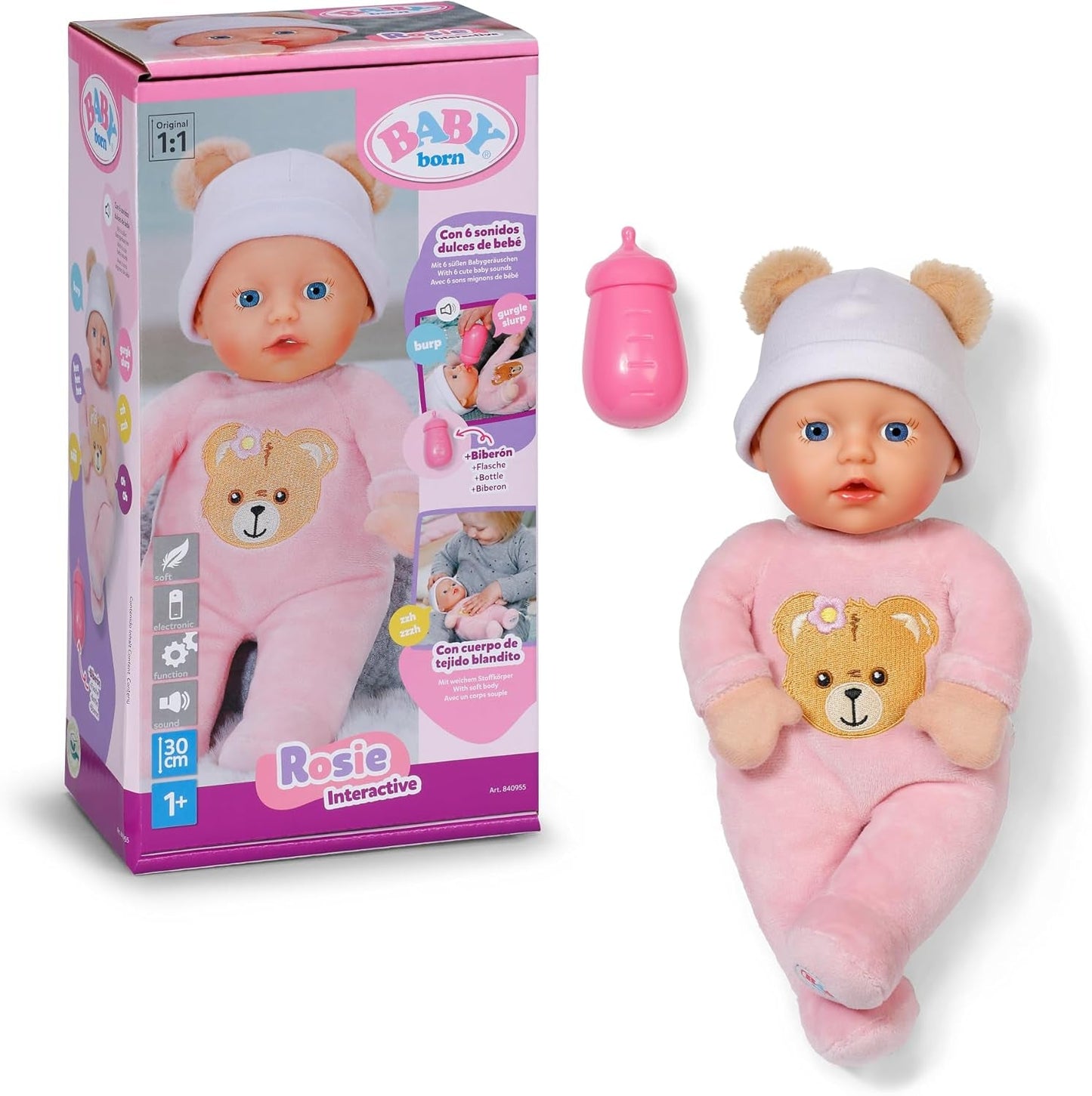 Baby Born Rosie zachte pop 30 cm met 6 geluiden en fles, roze