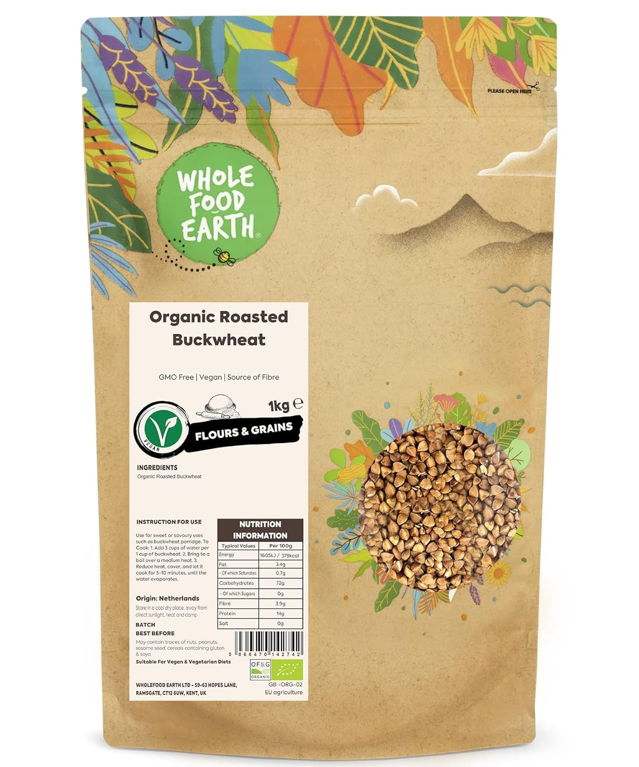 Wholefood Earth biologische geroosterde boekweit, 1 kg