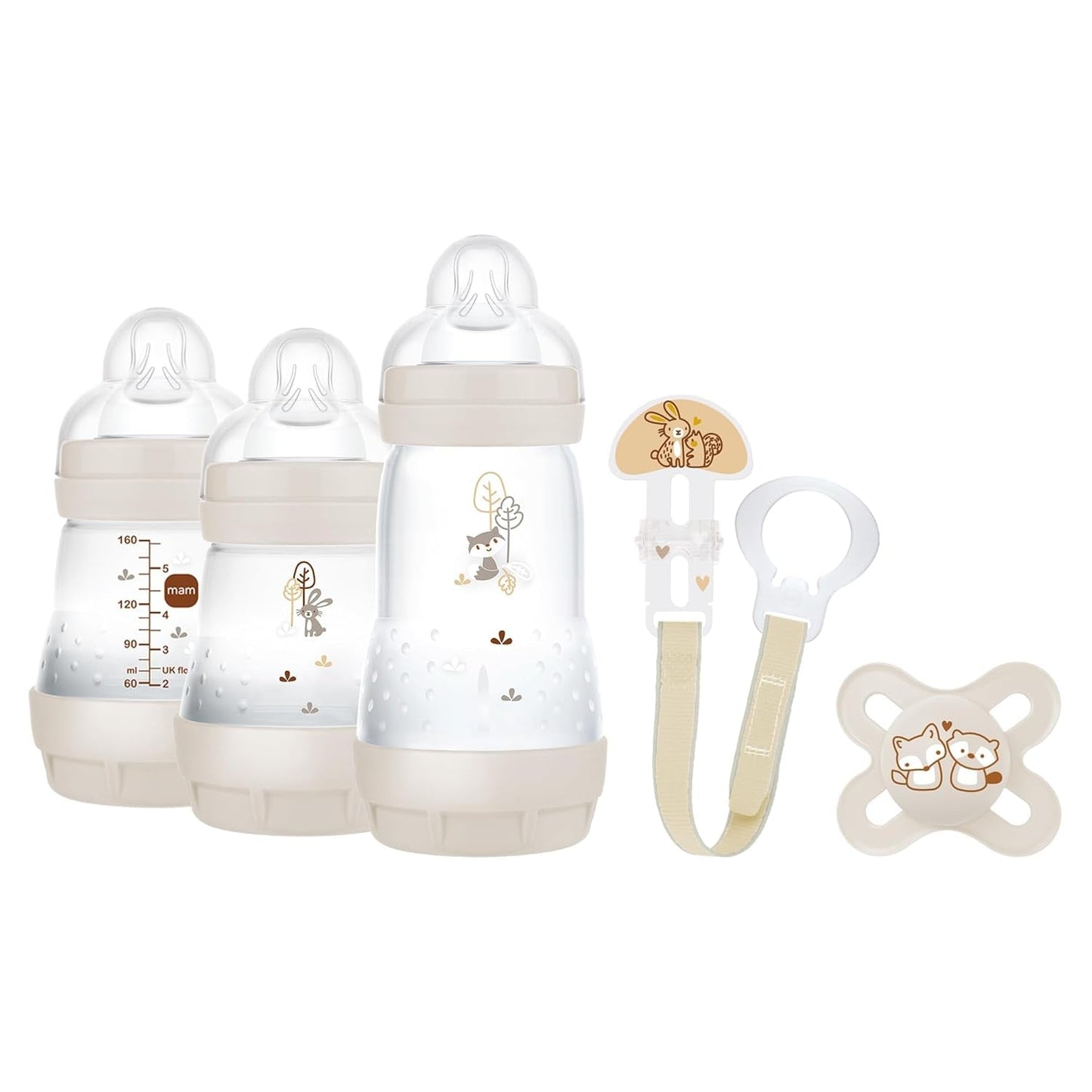 MAM Newborn Set, Cadeauset, bestaande uit: 2 x Anti-Krampjesfles 160 ml, 1 x Anti-Krampjesfles 260 ml, 1 x Originele Start Fopspeen, 1 x Broche voor speen, vanaf 0 maanden, Neutro
