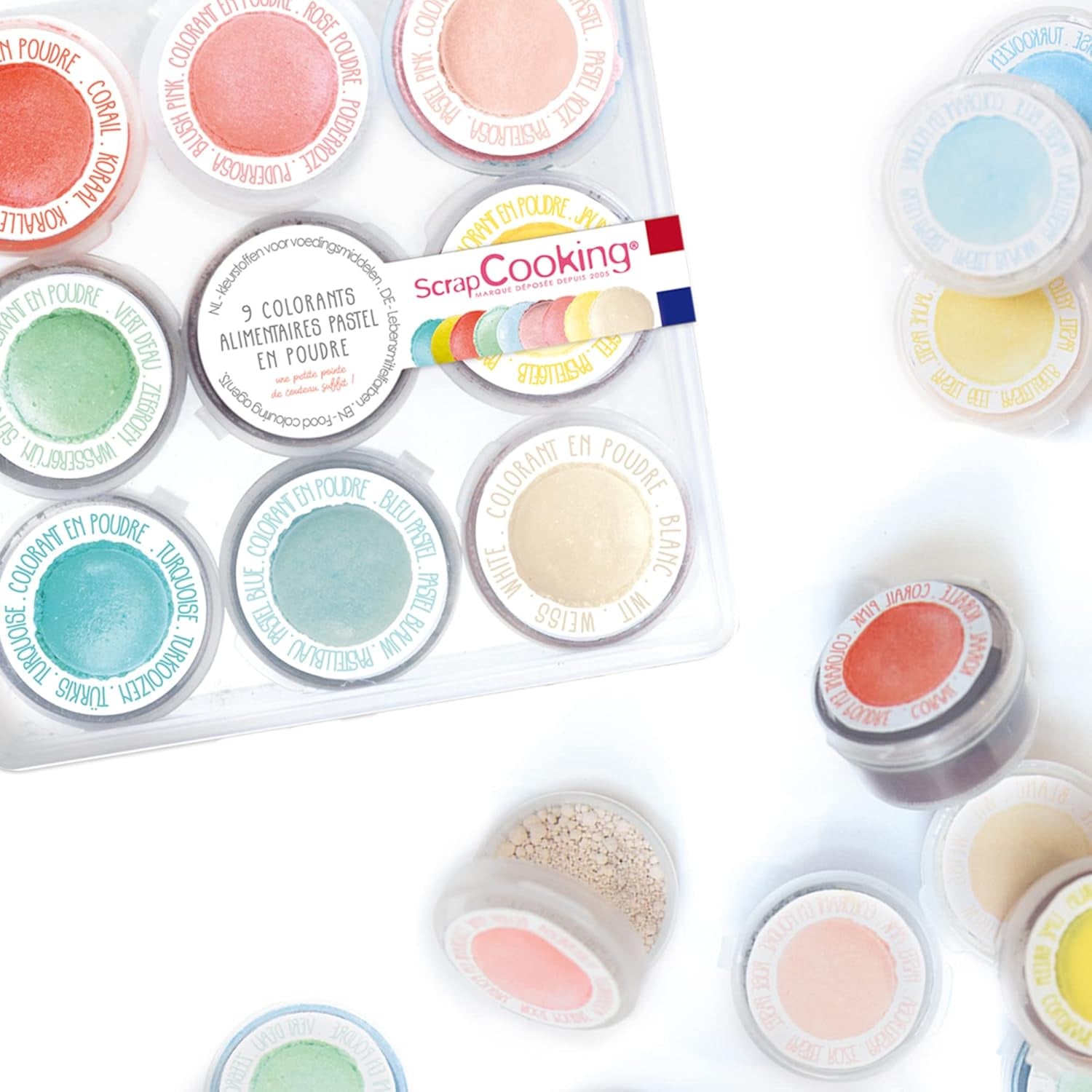 Scrapcooking - Set van 9 pastelkleurstoffen - Blauw, Geel, Koraal, Roze, Turkoois, Limoengroen, Wit, Aquagroen, Poederroze - Eetbare kleurpoeder voor cakes, muffins, macarons - 4272