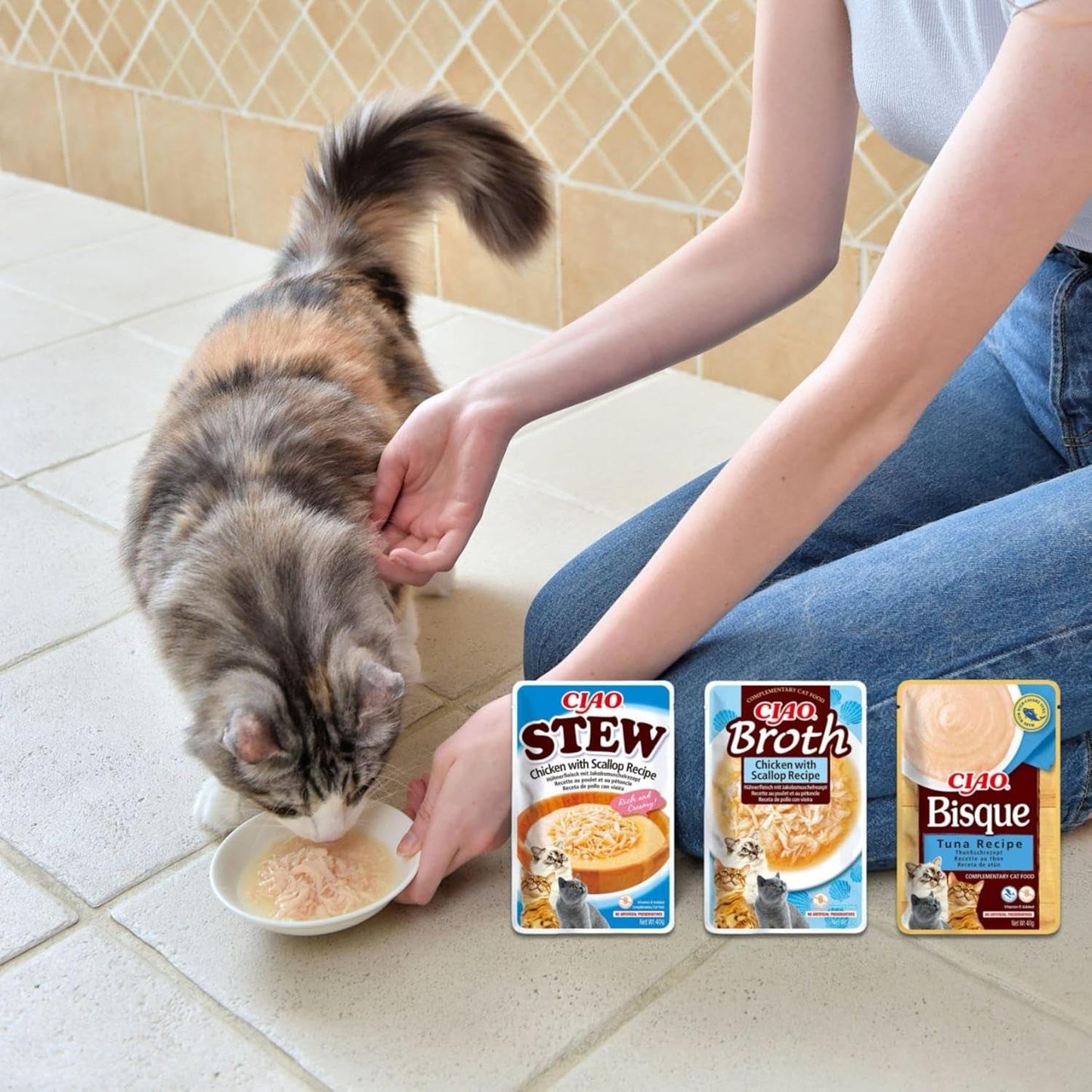INABA Ciao Broth Natvoer voor katten 88% vocht en vitamine E, premium soep voor katten met kip 40 g (pak van 12), 100% natuurlijk vlees, graanvrij, suikervrij