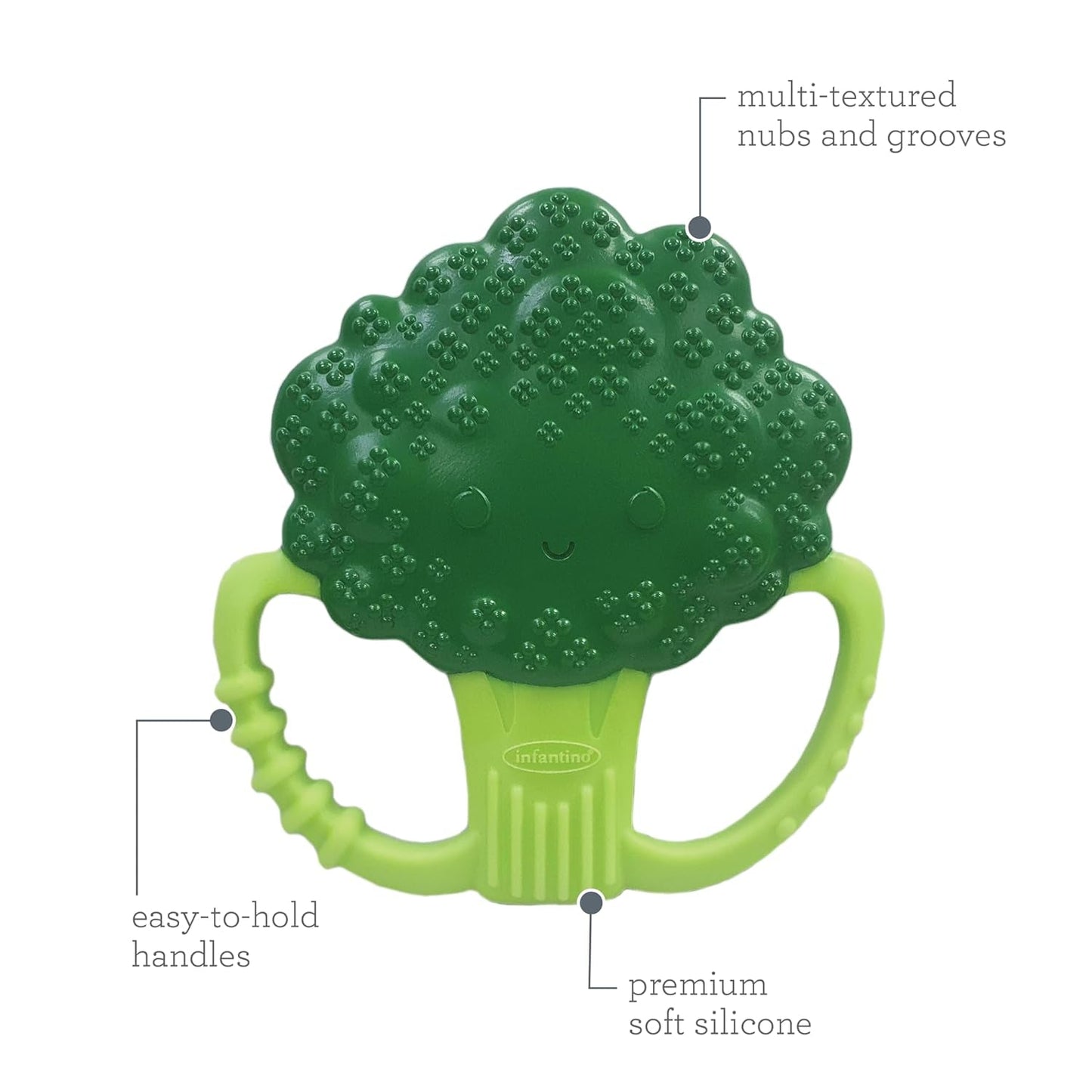 Infantino Lil' Nibbles, getextureerde siliconen bijtring, BPA-vrij babybijtringspeeltje, zacht, gemakkelijk vast te houden, zintuiglijke stimulatie voor zuigelingen, broccoli