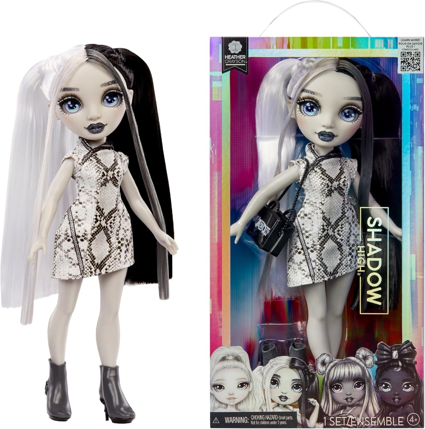 Rainbow High Shadow High Heather Grayson pop - 28 cm in grijstinten, zwart en wit haar en outfit, stijlvolle tas, lief cadeau voor kinderen van 4-10 jaar