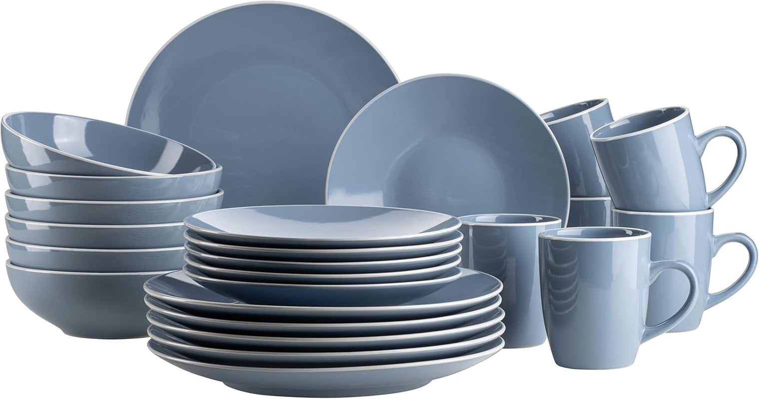 MÄSER 931844 Elissa-serie moderne serviesset voor 6 personen, blauw met witte rand, 24-delige combinatieset, keramiek