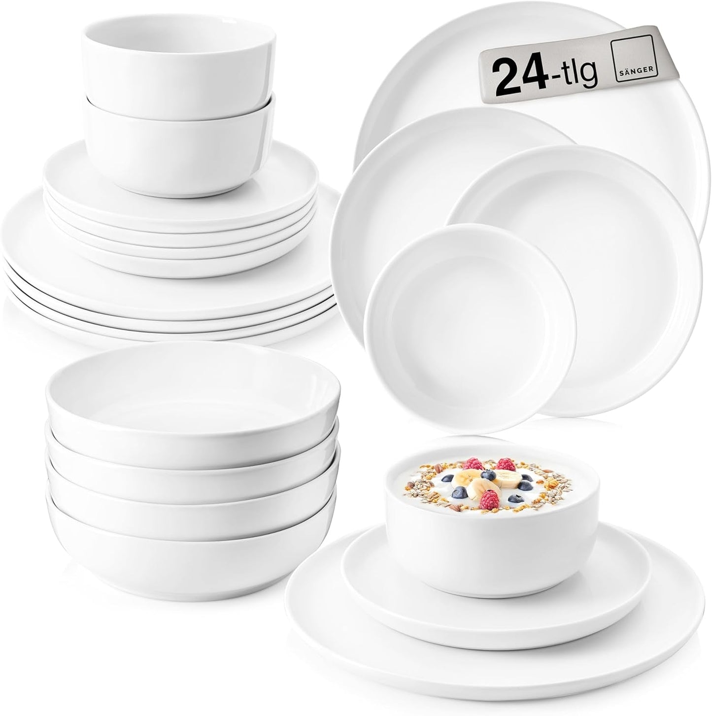 ZANGER | Marlo White Serviesset 24-delige Serviesset voor 6 personen met dessertborden, dinerborden, schalen en mueslischalen Porseleinen dinerbordenset Serviesgoed Modern design PREMIUM COLLECTIE