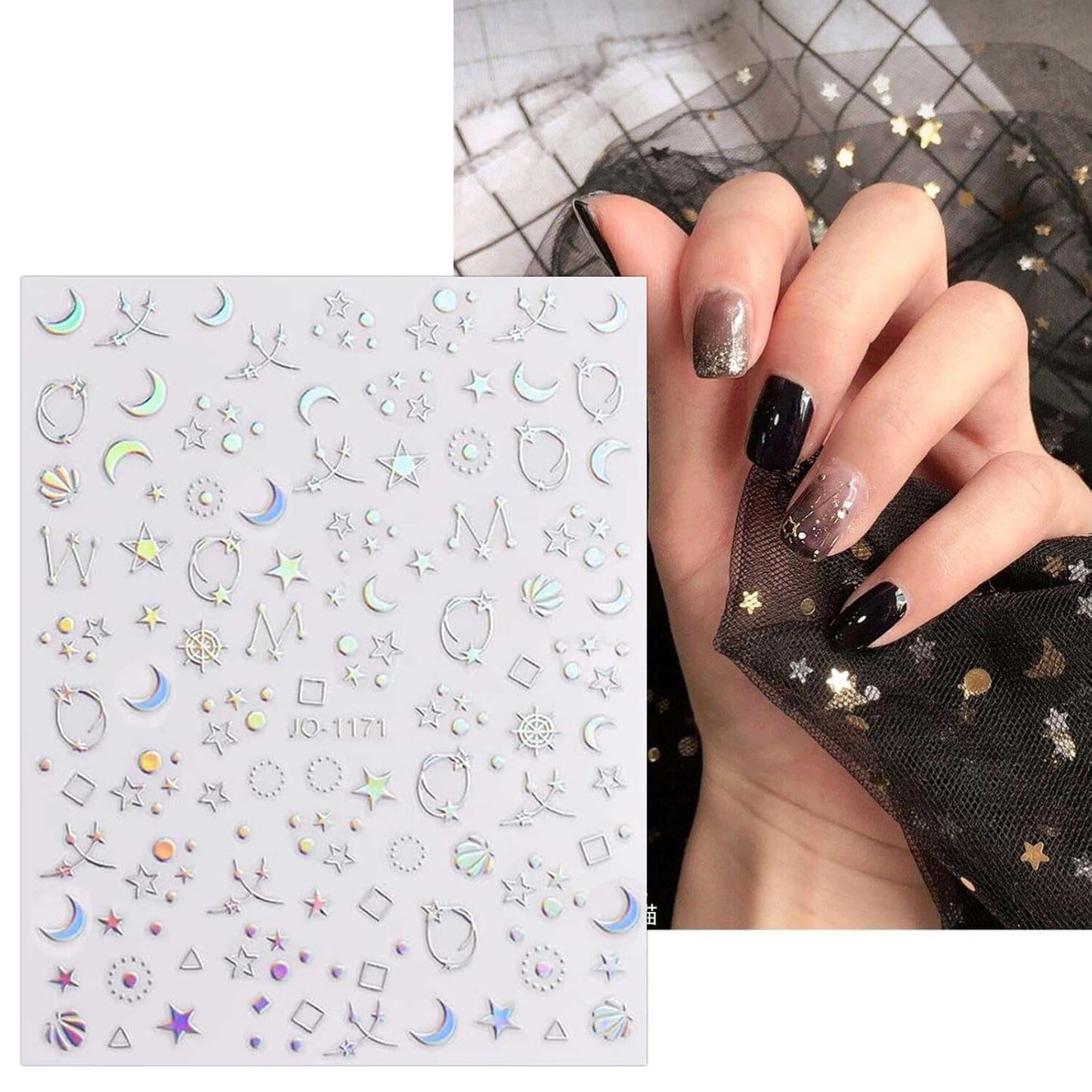JMEOWIO Nagelsticker Aurora Holografisch 9 Blatt Nagelaufkleber Selbstklebend Herz-Flamme Spielt Schmetterlings-Mond Die Hauptrolle Nail Art Sticker Decoratie Nageldesign Zubehör