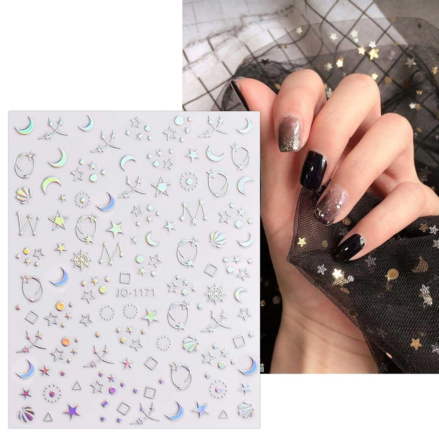 JMEOWIO Nagelsticker Aurora Holografisch 9 Blatt Nagelaufkleber Selbstklebend Herz-Flamme Spielt Schmetterlings-Mond Die Hauptrolle Nail Art Sticker Decoratie Nageldesign Zubehör