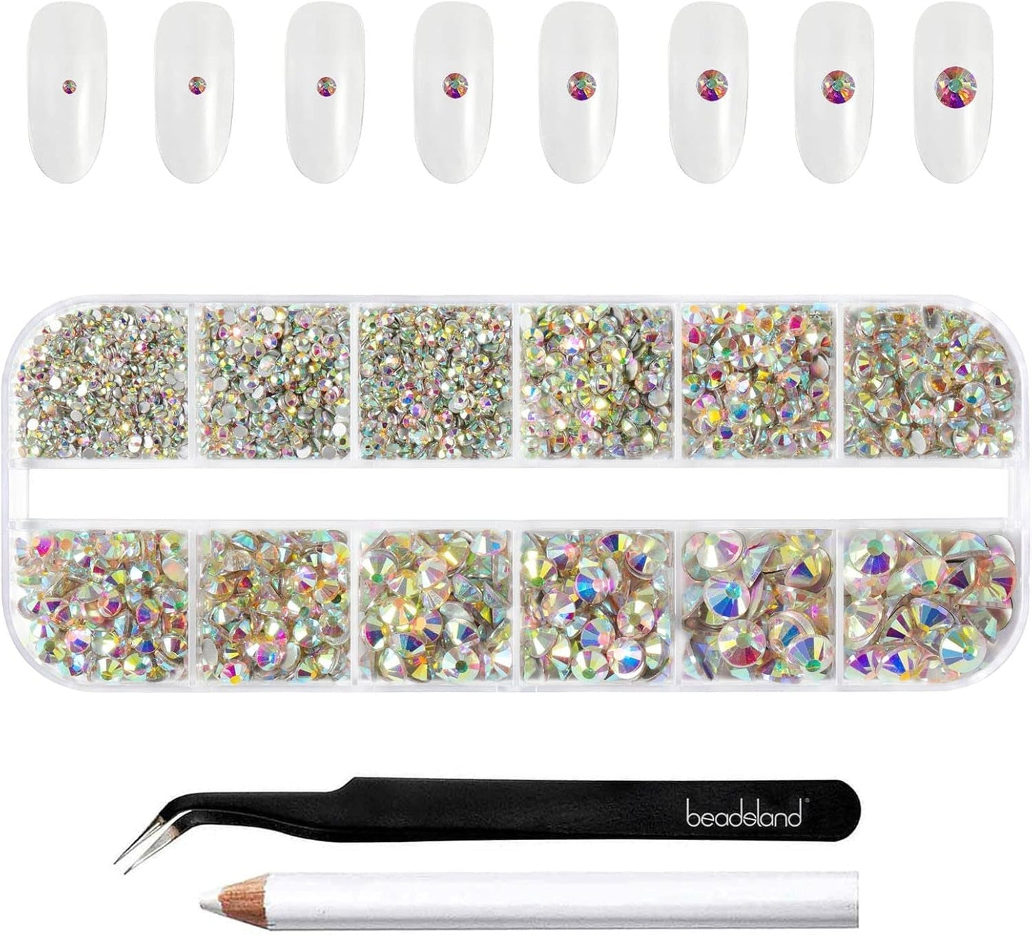 Beadsland 2500 stuks glas Nailart Strasssteine ​​Kristall Flatback Edelsteine ​​Runde, voor handwerk Gemischt 8 Größen SS4 ~ SS30 Mit Picking Pinzette en Stift (Kristall Weiss)